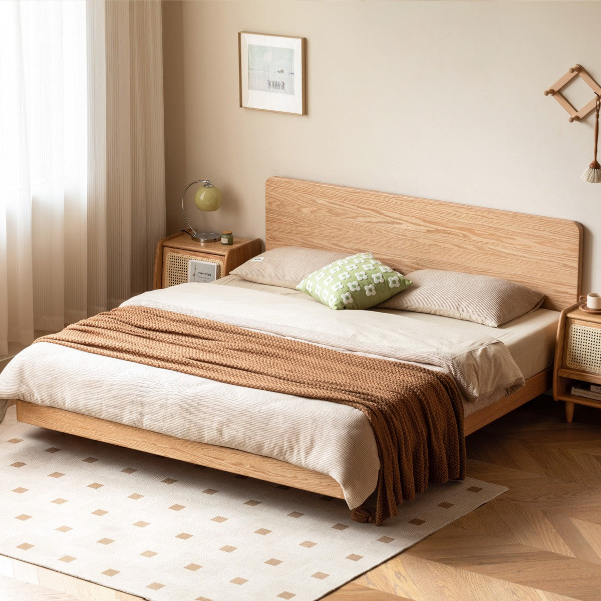 Solid Oak Wood Suspension Bed - King Size Platform Bed Frame with Large Headboard - Perfect for Master Bedroom & Modern Home Decor