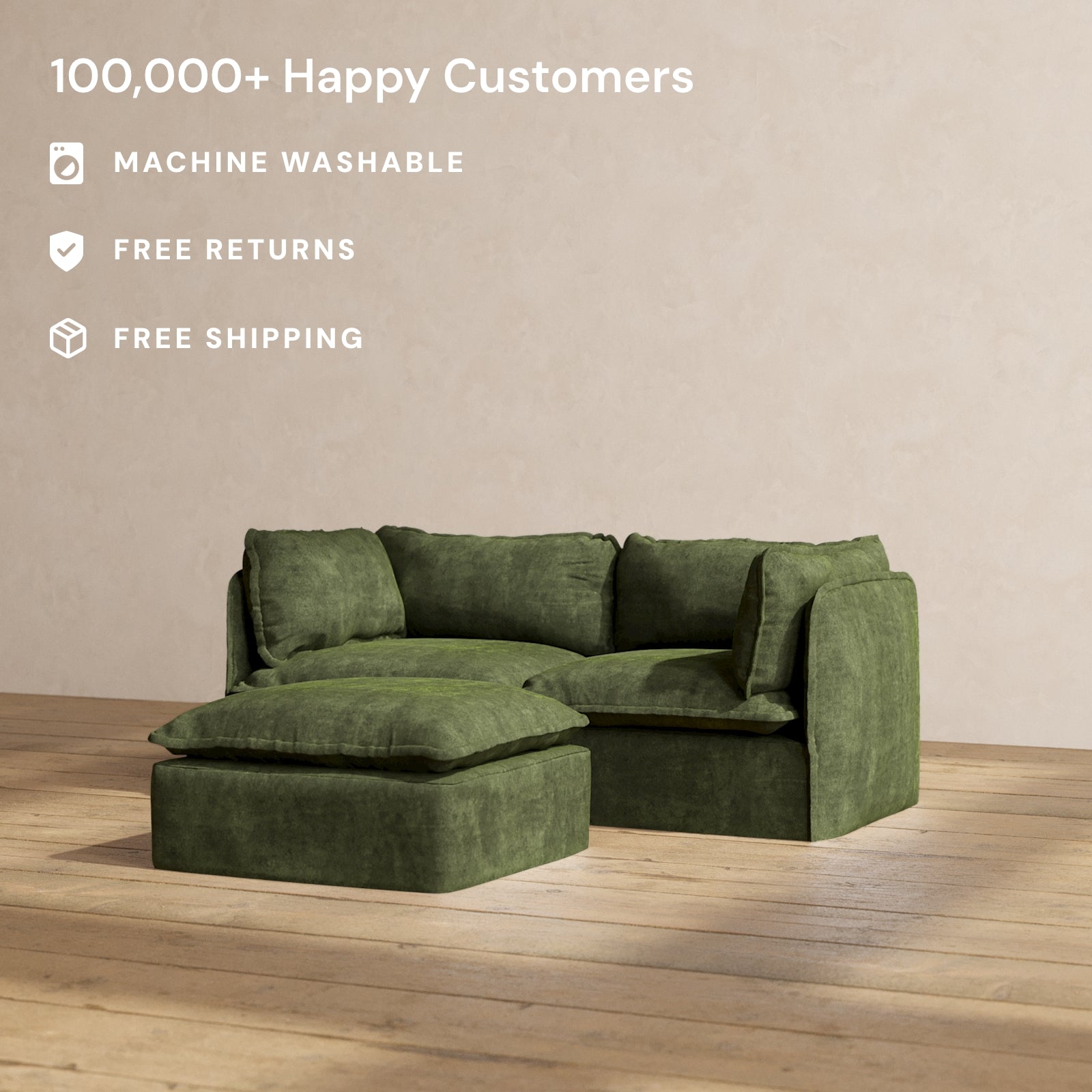 Modular Performance 2 Seater Sofa with Ottoman in Olive Green | Modern Living Room Furniture for Small Spaces | Perfect for Apartments, Condos and Cozy Homes