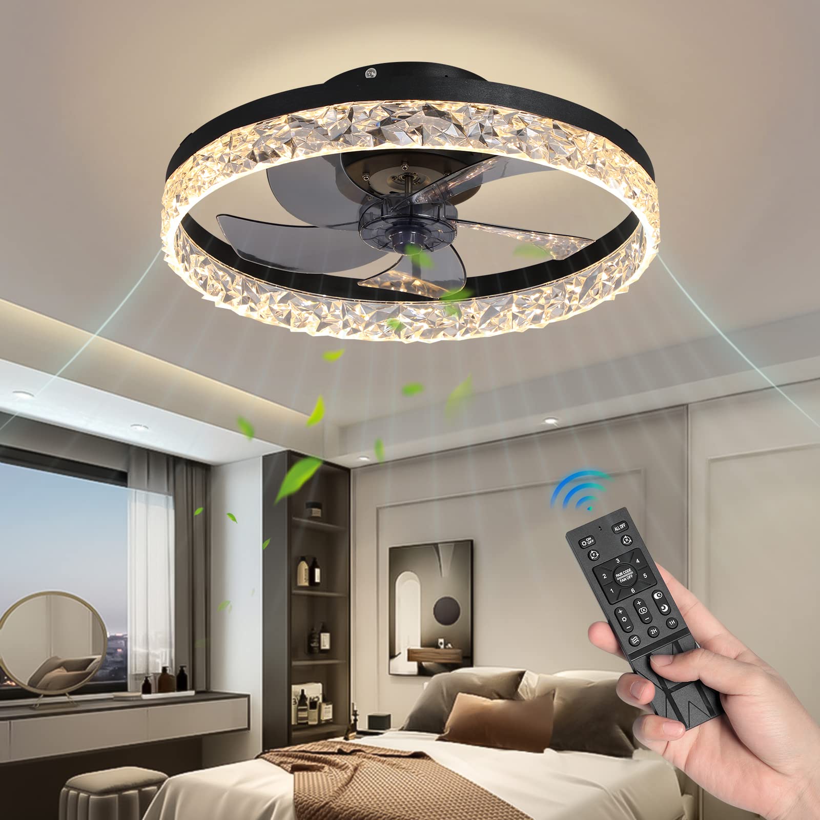 KINDLOV Modern Indoor Flush Mount Ceiling Fan with Lights - Dimmable Low Profile Smart Ceiling Fan with Remote Control, 3 Color Changing LED Lights & 6 Speed Settings - Perfect for Bedroom, Living Room, Kitchen (Black)