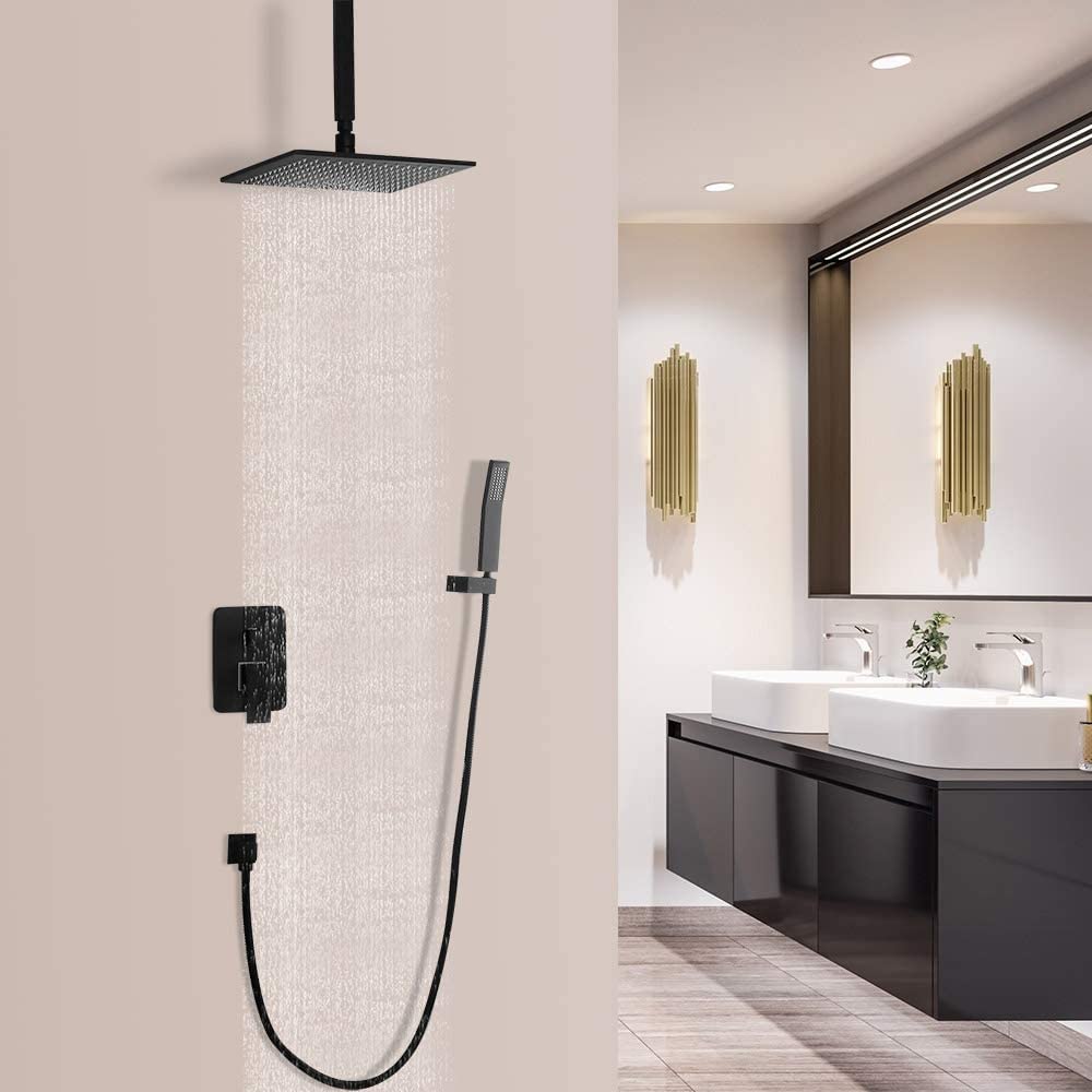 12 Inch Matte Black Ceiling Mount Shower System - High Pressure Rainfall Square Shower Head with Handheld Sprayer - Luxury Bathroom Faucet Set for Modern Homes (Perfect for Spa-Like Experience & Daily Relaxation)