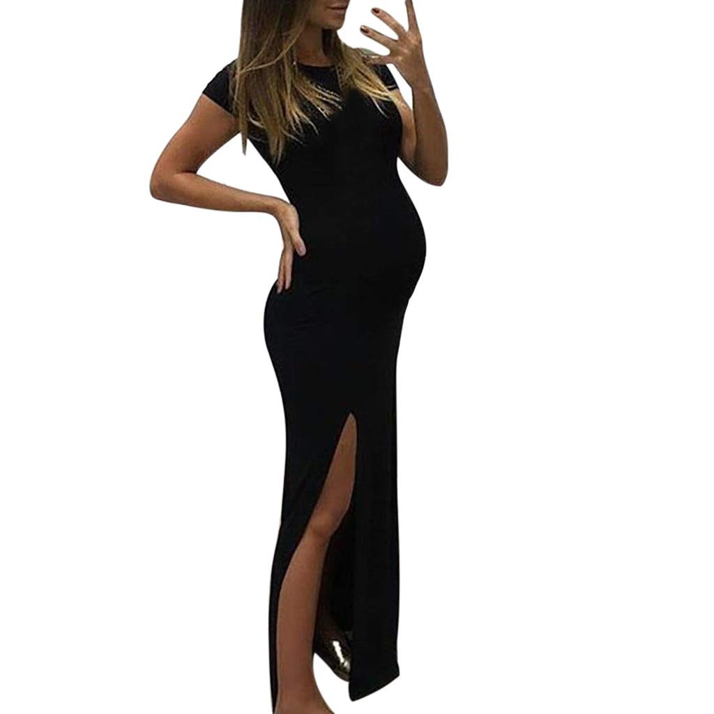 Stylish Women's Solid Color Short Sleeve Bodycon Maternity Dress with High Slit - Perfect for Pregnancy, Postpartum, and Special Occasions like Weddings & Parties
