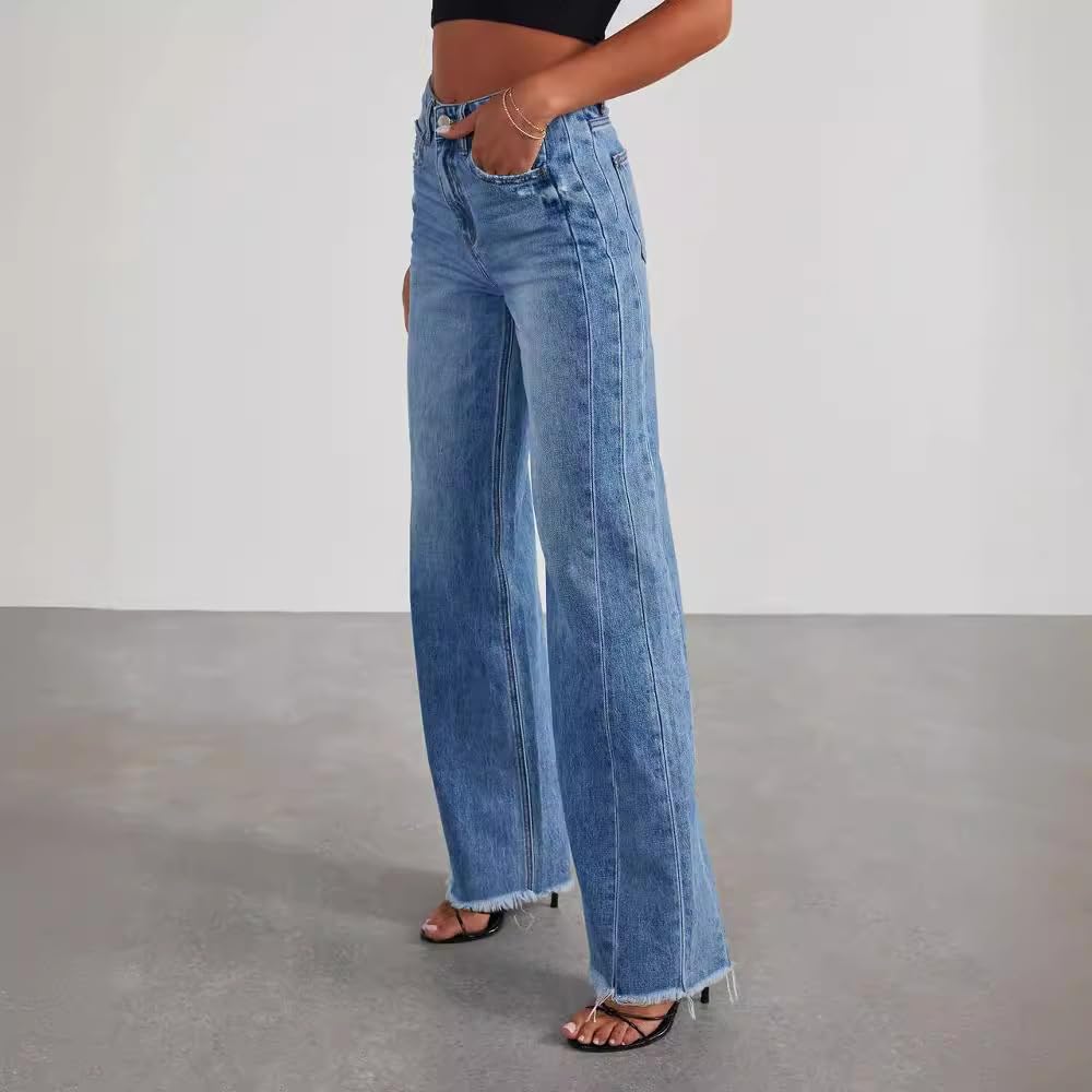 Women's High Waisted Wide Leg Jeans - Stretchy Raw Hem Denim Pants for Casual Wear & Street Style Outfits