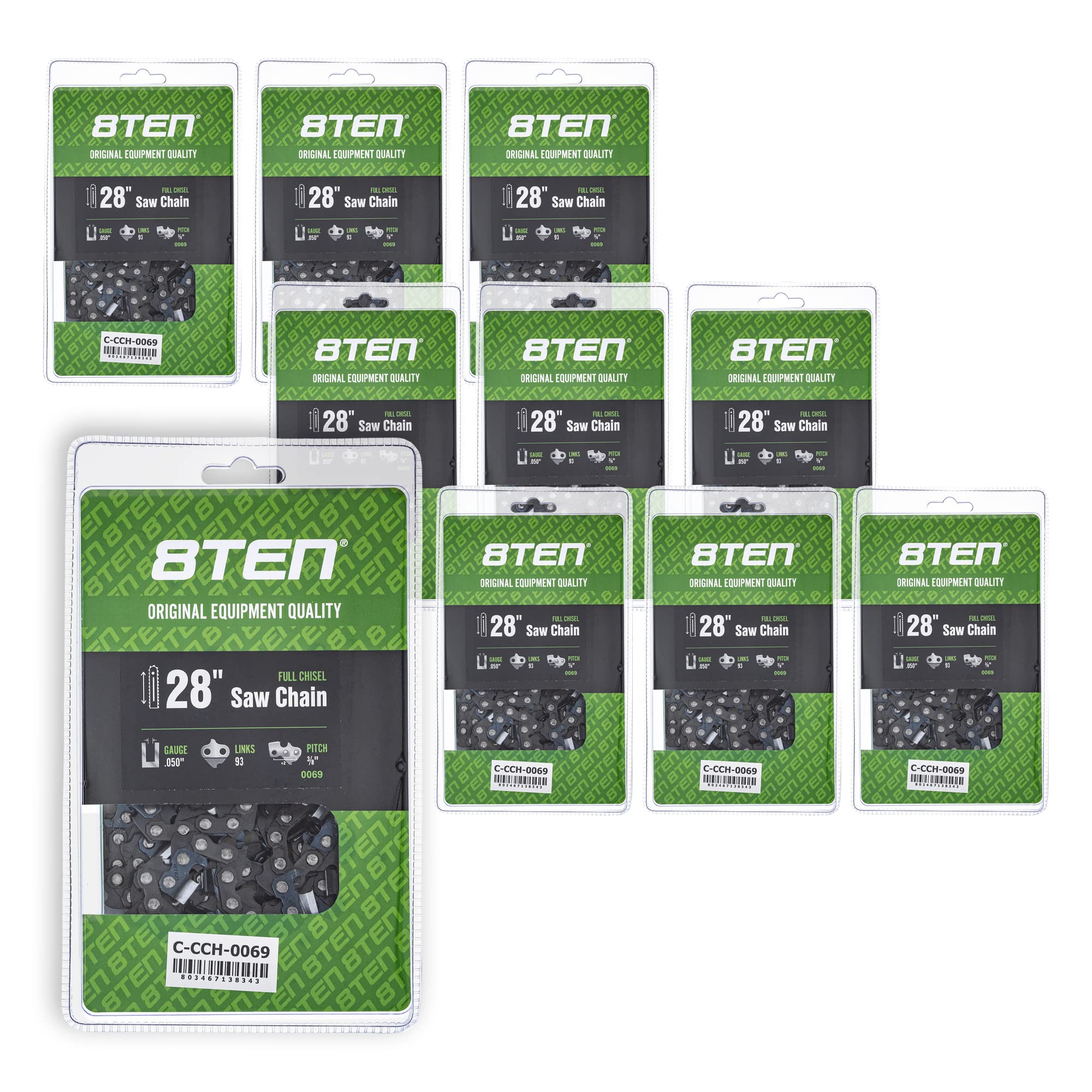 8TEN 28 Inch Full Chisel Chainsaw Chain .050 Gauge 3/8 Pitch 93DL - Compatible with Echo CS-600P, Husqvarna 372XP, Jonsered 2065 (10 Pack) - Ideal for Professional Logging, Tree Felling & Firewood Cutting