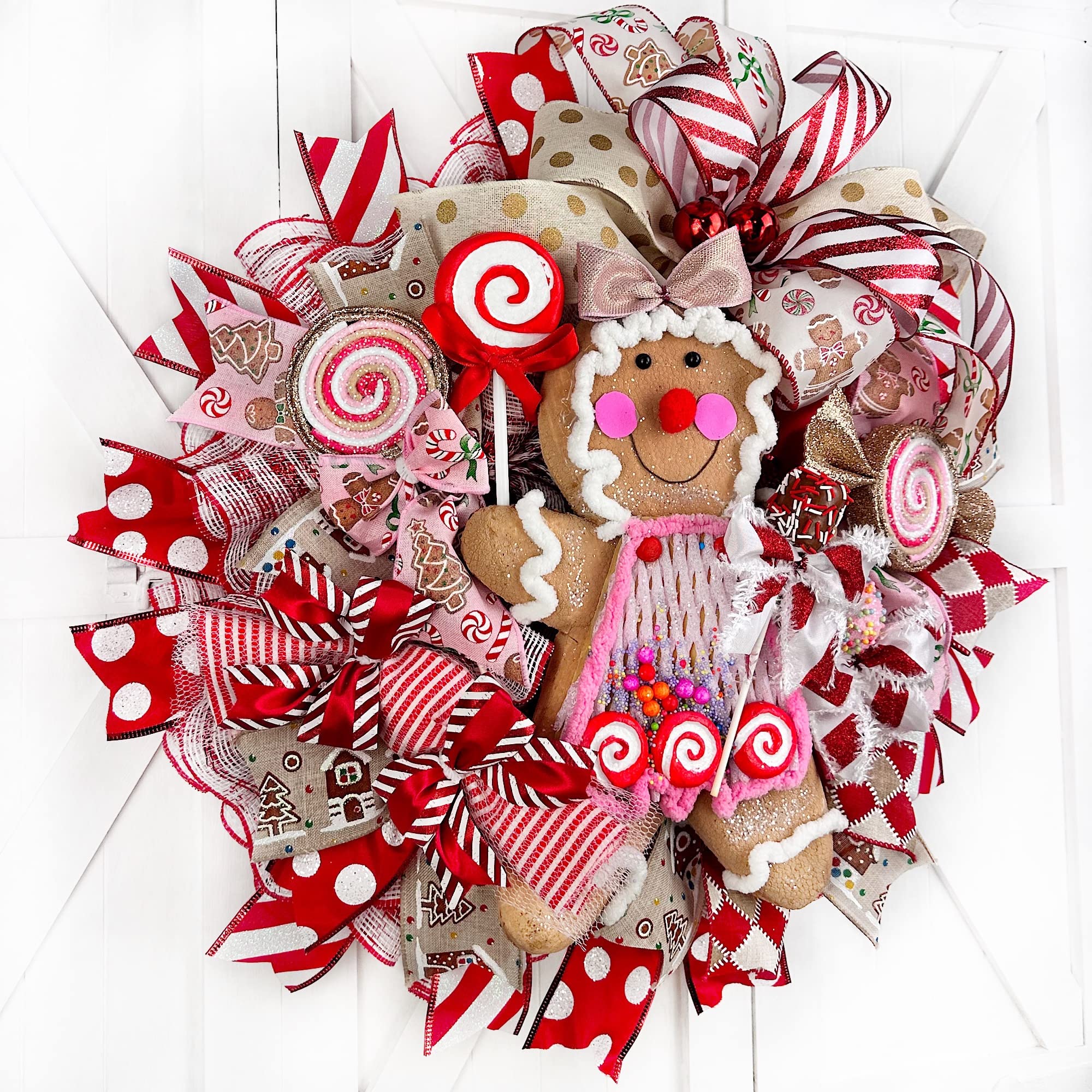 Handmade Gingerbread Sweet Shop Christmas Wreath - Candy Decorations with Lollipop, Peppermint, Pink Cake Pop & Chocolate Marshmallow | Perfect for Holiday Home Decor, Christmas Tree Topper & Festive Party Decoration