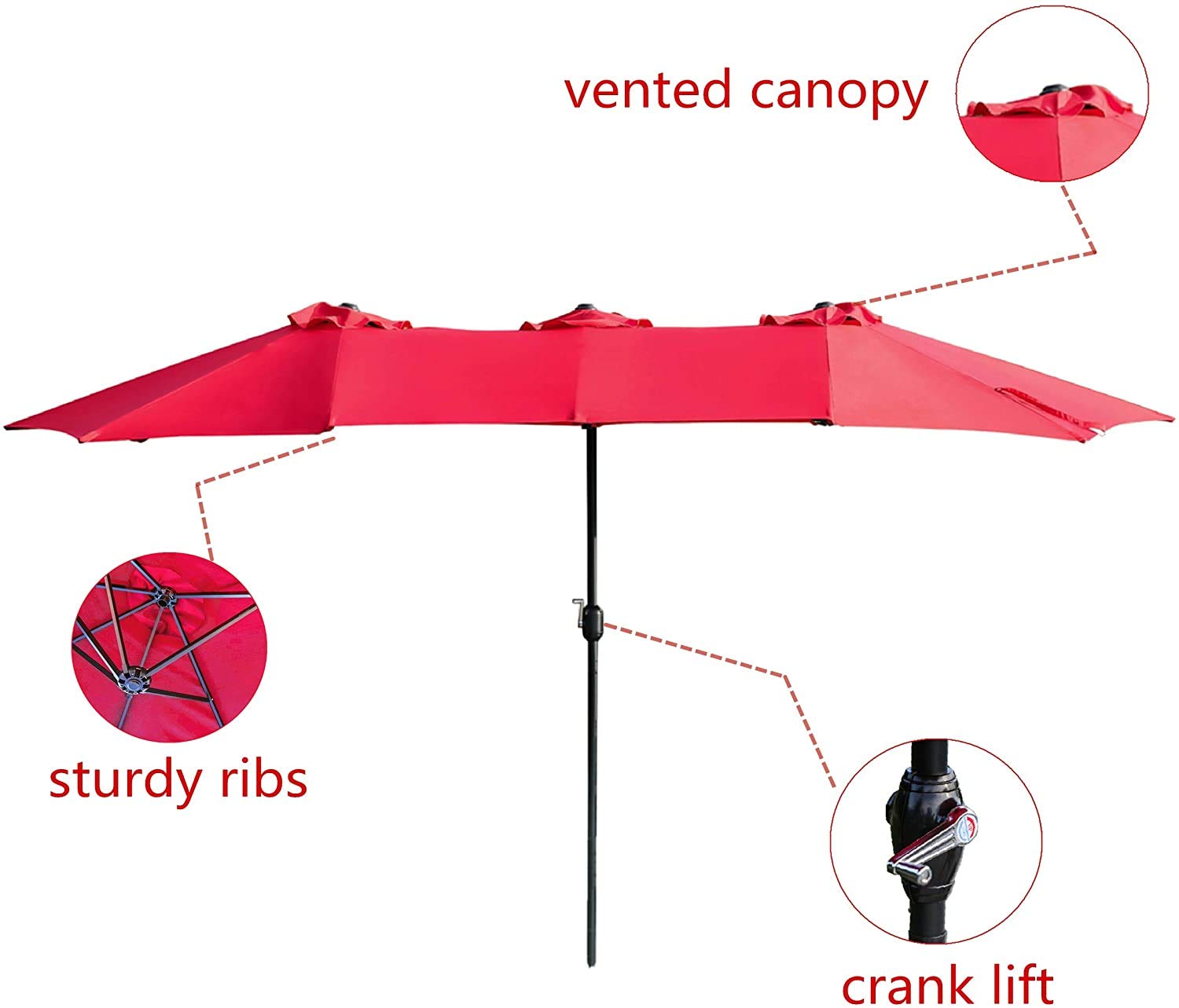 LOKATSE HOME 15FT Double-Sided Outdoor Patio Umbrella with Crank - Aluminum Garden Market Umbrella, Twin Sun Canopy in 2-Tone Red - Perfect for Poolside, Backyard, Restaurant & Beach Shade