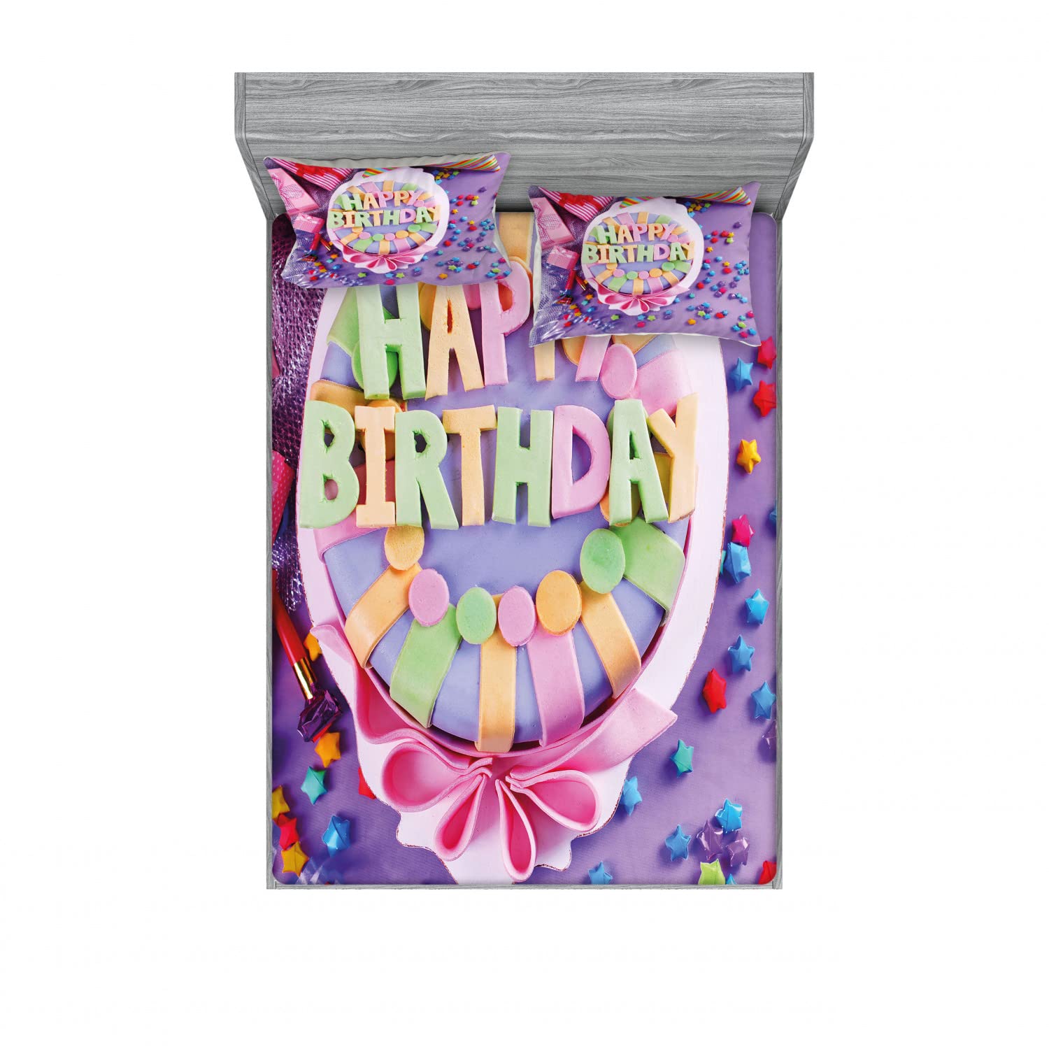 Ambesonne 2-Piece Queen Size Fitted Sheet Set with 4 Pillow Shams - Birthday Cake & Gift Print Multicolor Bedding - Perfect for Guest Rooms, Birthday Decorations & Themed Bedroom Designs