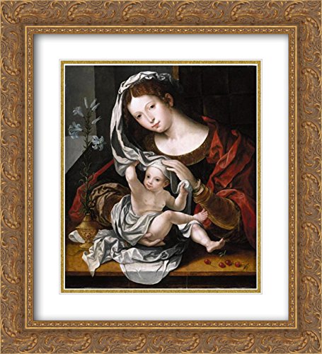 Madonna and Child Playing with the Veil - 20x22 Inch Gold Ornate Framed Museum Art Print by Jan Gossaert Mabuse - Double Matted Religious Wall Decor for Home, Church or Office