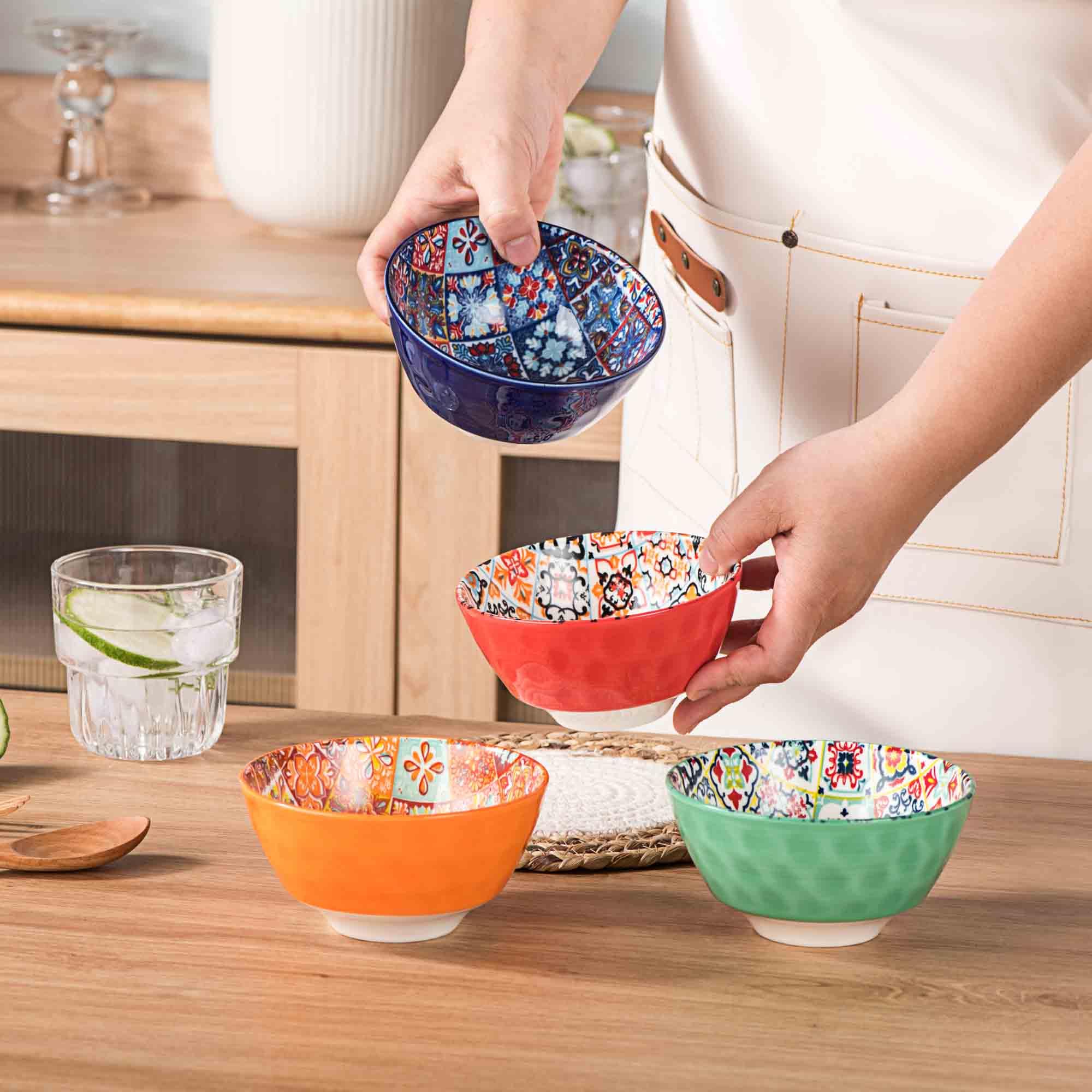 Henten Home 12 oz Ceramic Small Bowls Set of 4, Porcelain Snack Bowls for Soup, Salad, Rice, Ice Cream - Microwave & Dishwasher Safe Mosaic Style - Perfect for Dining, Entertaining & Everyday Use
