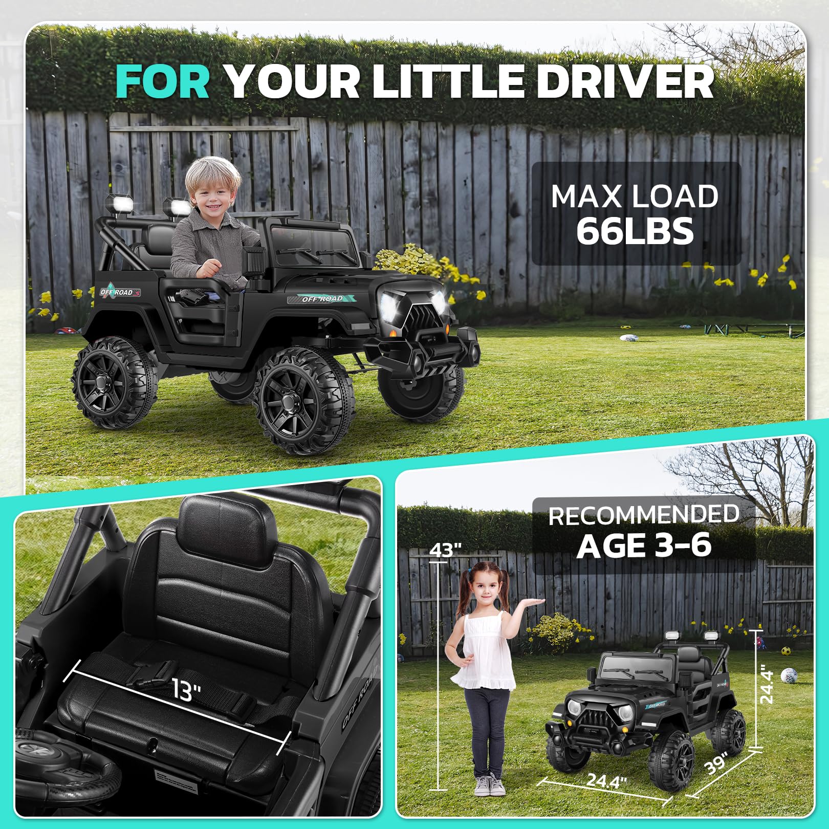 Hikole 12V Electric Ride on Car for Kids 3-6 Years - Remote Control, LED Lights, 3 Speed Modes, Spring Suspension & Seat Belt - Black Battery Powered Truck Toy for Boys & Girls | Perfect for Birthday Gifts, Outdoor Play & Backyard Fun