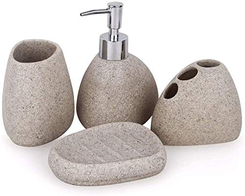 Natural Gravel & Resin 4-Piece Bathroom Set - Soap Dispenser, Hand Sanitizer Dispenser, Toothbrush Holder & Cup | Elegant Bathroom Decor & Housewarming Gift for Home, Spa, or Office Use