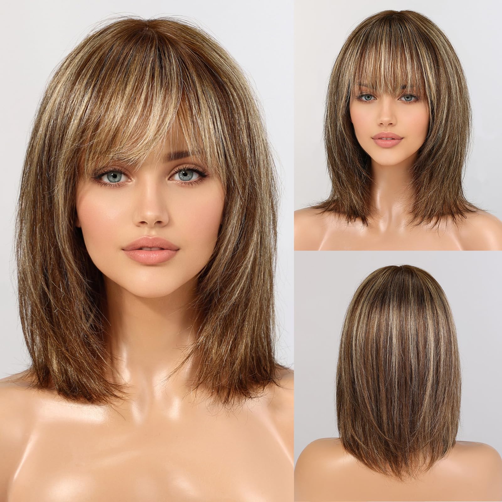 12 Inch Brown Mixed Blonde Human Hair Wigs for Women - Remy Brazilian Hair with Bangs - Natural Looking Wigs for Daily Wear, Cosplay & Special Occasions