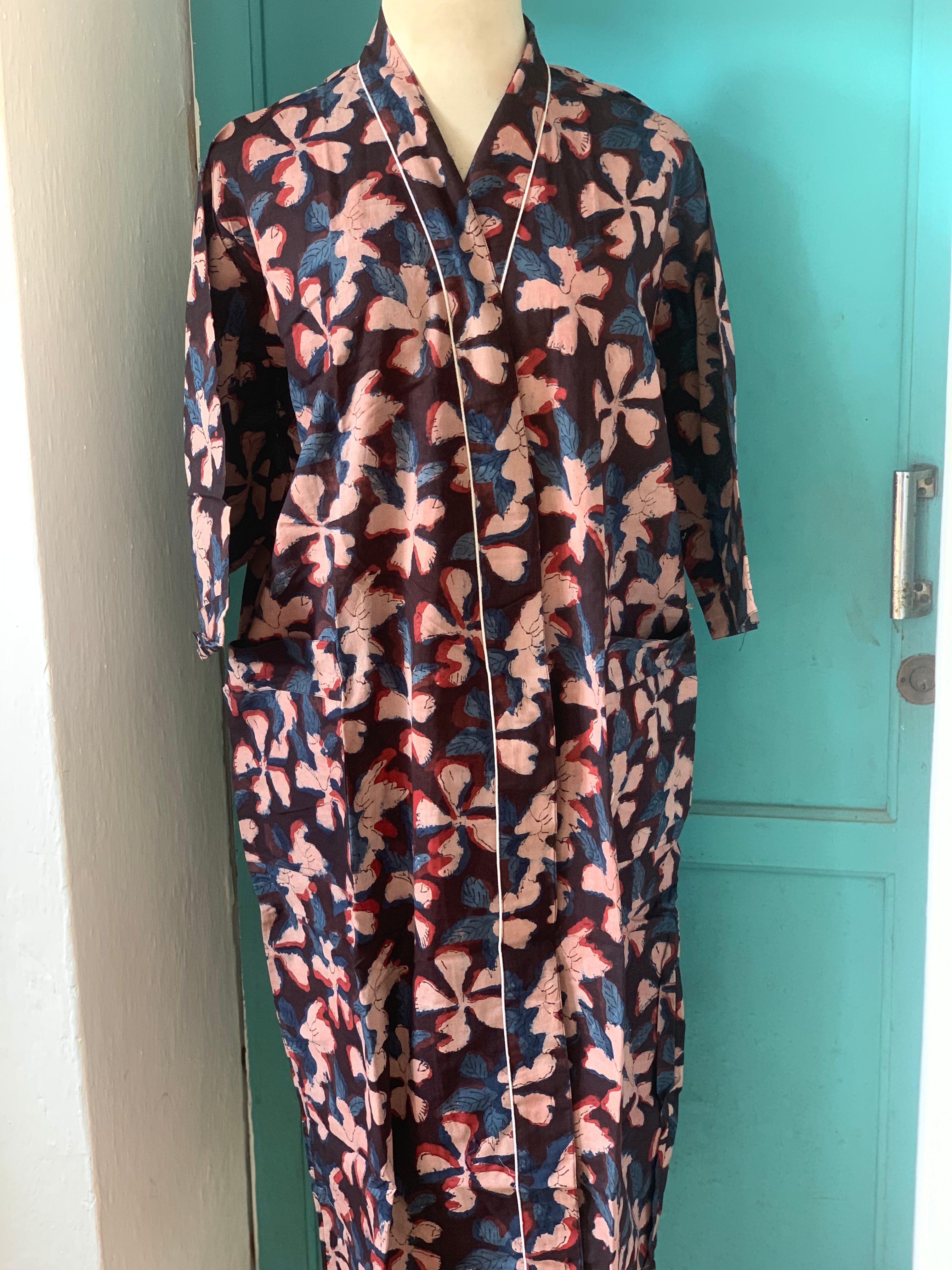 Japanese Kimono Robe - Happy Block Print Cotton - Perfect for Loungewear, Yoga & Spa Relaxation