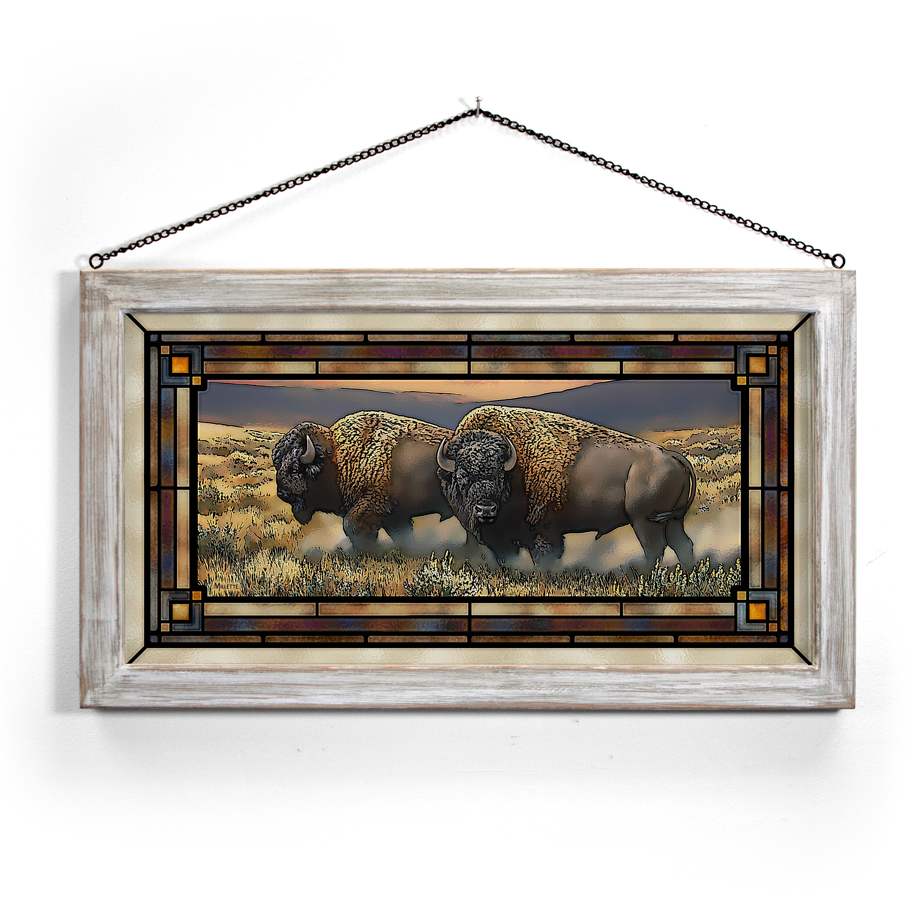 Handmade Bison Stained Glass Art Panel - 13x23 Inches - Western Home Decor for Living Room, Office & Cabin