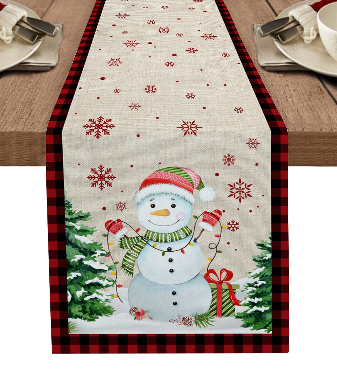Christmas Table Runner - 36 Inch Snowman Dining Table Decor, Burlap Linen Table Scarf with Xmas Tree & Snowflake Design, Vintage Farmhouse Holiday Decor for Coffee Tables, Weddings, Banquets & Holiday Parties | Perfect for Christmas Dinner, Home Decor & Festive Celebrations