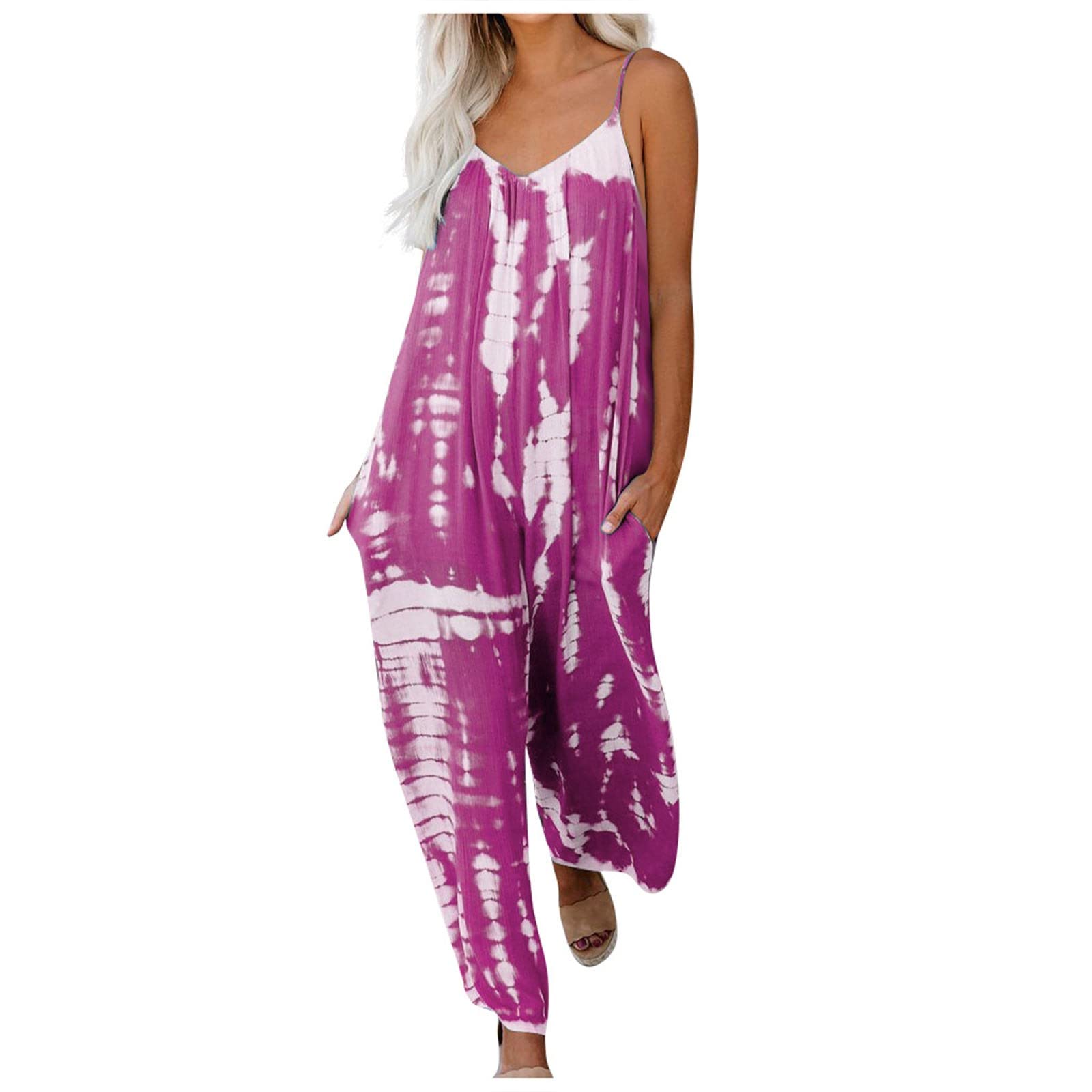 Women's Casual Tie-Dye Spaghetti Strap Jumpsuit - Sleeveless Wide Leg Romper with Pockets | Summer Beachwear, Music Festivals & Vacation Outfits