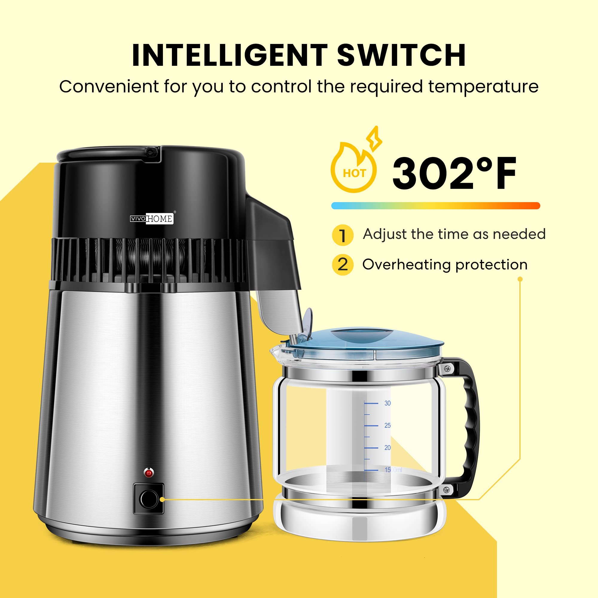 VIVOHOME 1.1 Gallon/4L Countertop Water Distiller - 304 Stainless Steel Water Purification System with Smart Switch for Home & Office Use - Perfect for Drinking, Cooking, Baby Formula, and Humidifiers
