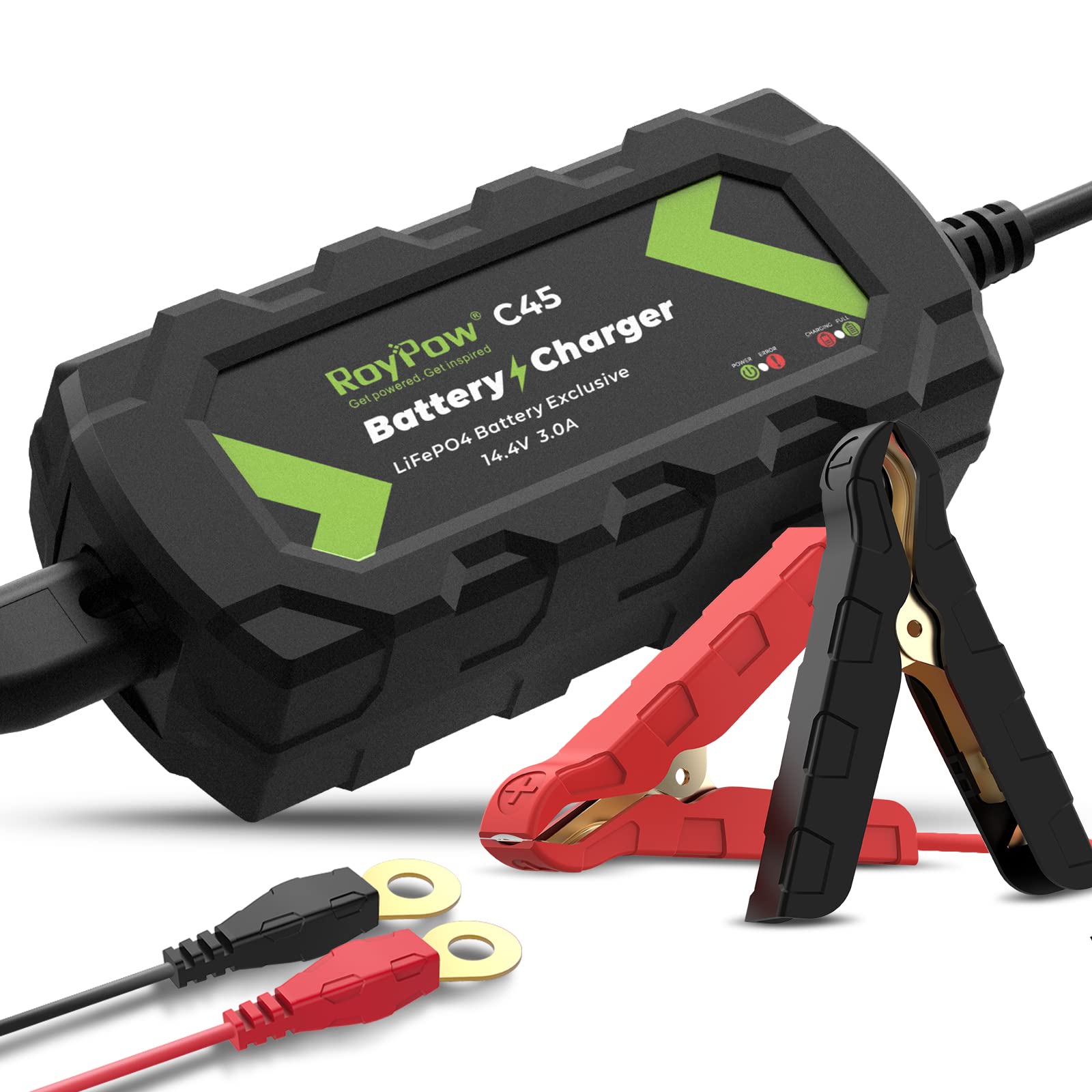 RoyPow 12V 3A Smart Battery Charger & Maintainer - Automatic Trickle Charger with Desulfator, Alligator Clamps & Ring Terminals - Perfect for Cars, Motorcycles, Boats & RV Batteries