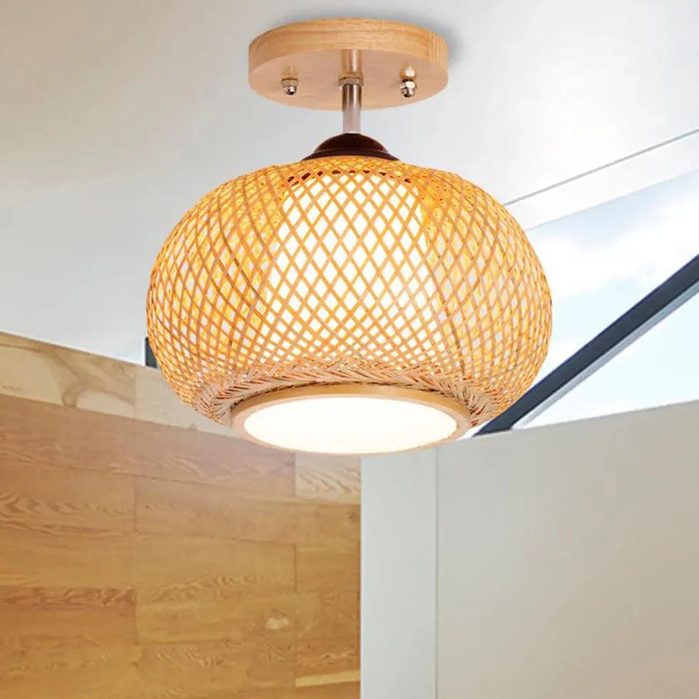 Modern Trapezoid Rattan Flush Mount Ceiling Light - Natural Woven Pendant Lamp for Living Room, Bedroom & Dining Room - Boho Farmhouse Home Decor Lighting Fixture