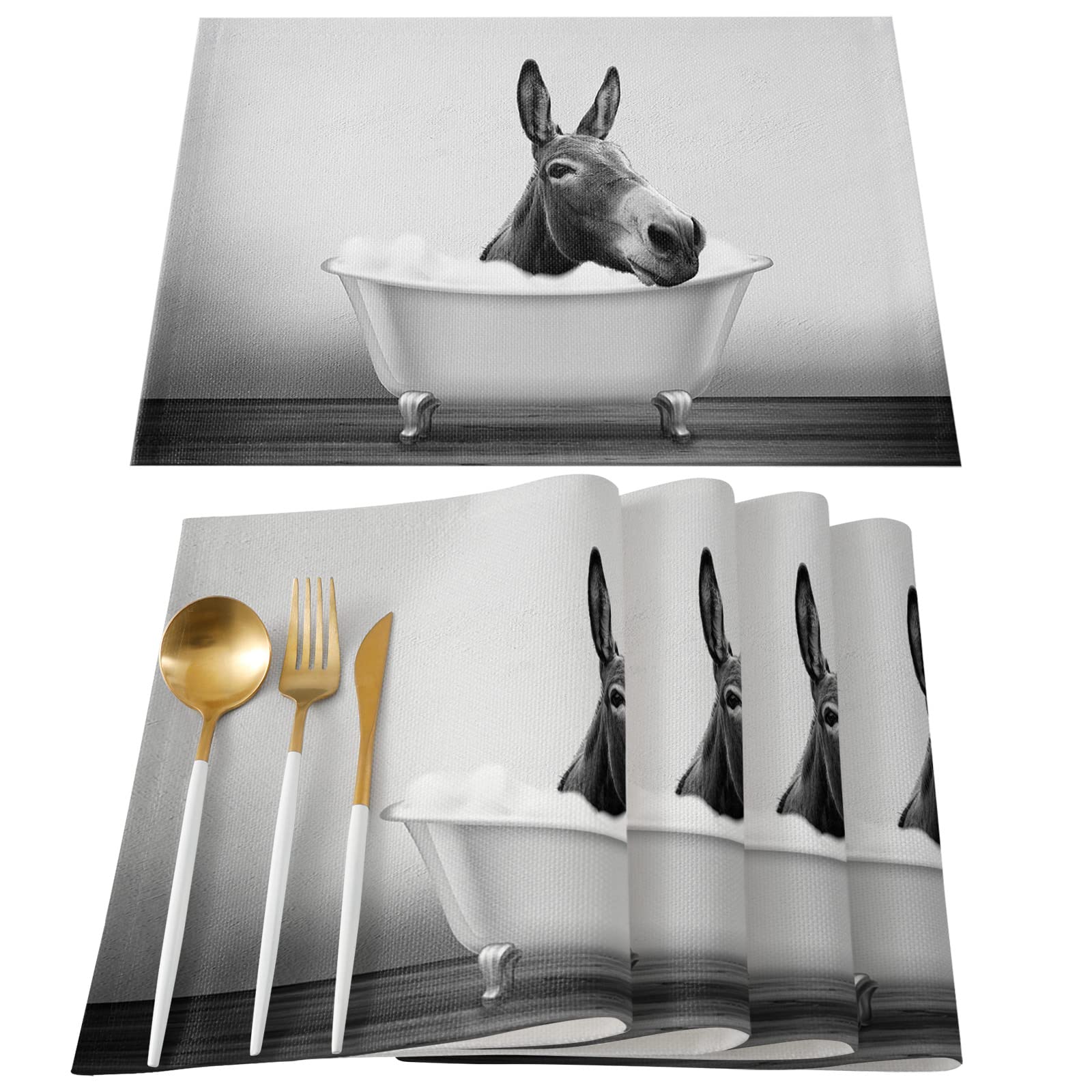 Funny Animal Placemats Set of 6 - Washable Rectangle Dining Table Mats for Kitchen & Cafe Decor (19x13 Inch) | Donkey in Bathtub Black White Oil Painting Design | Perfect for Home Entertaining, Restaurants & Daily Meals