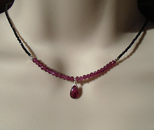 Garnet Necklace & Choker - Rhodolite Garnet Beaded Necklace with 3.5mm Black Spinel | Dainty Gemstone Jewelry for Women, Gift for Her, Birthday, Anniversary, Valentine's Day
