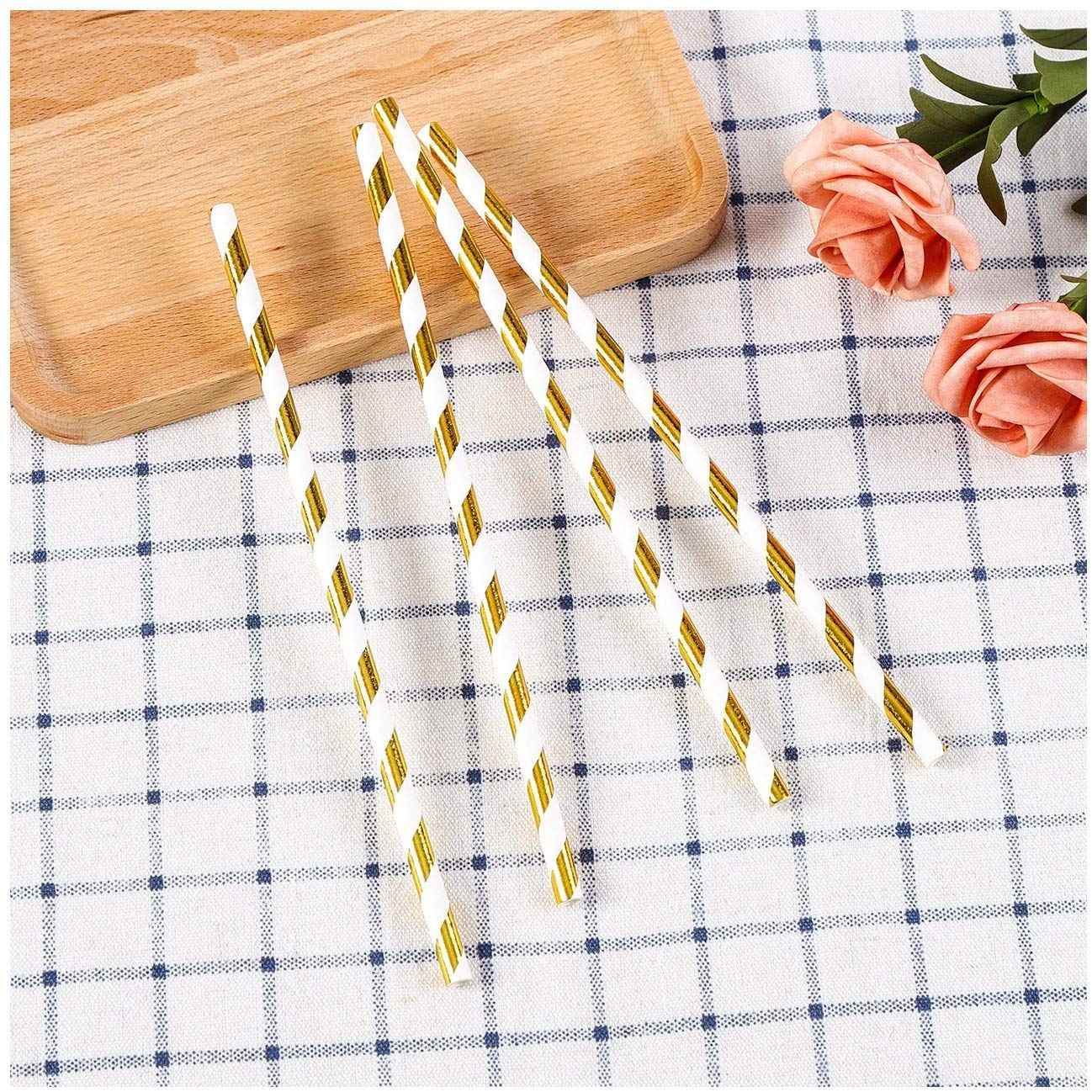 Eco-Friendly Gold Striped Paper Straws - 100% Biodegradable Drinking Straws for Cocktails, Juice & Smoothies | Perfect for Parties, Weddings & Home Decor (Pack of 100)
