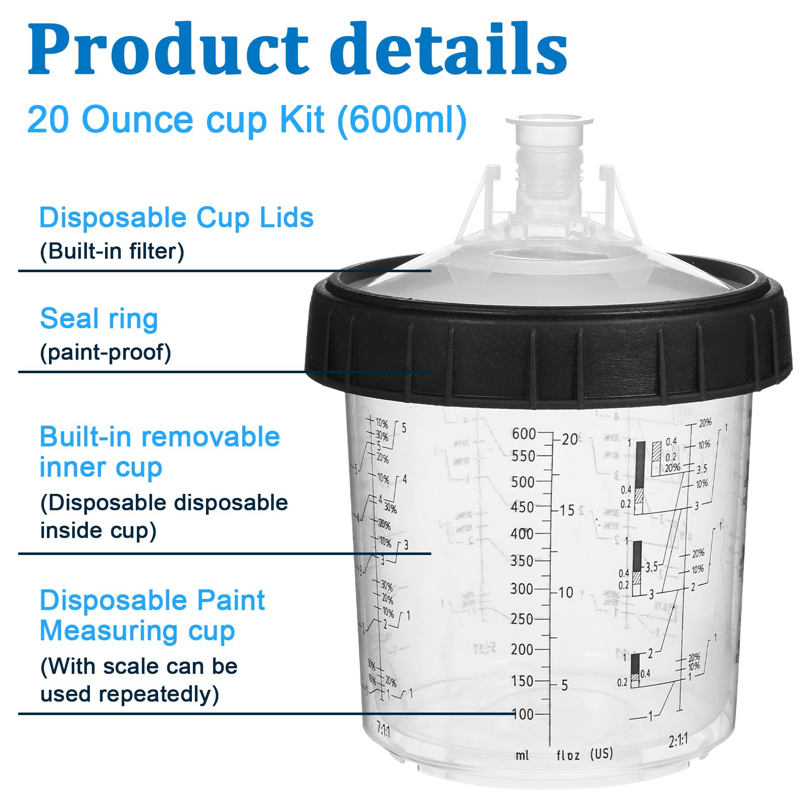 10 Pack 20oz (600ml) Paint Spray Gun Cups with Lids & Strainers - Includes 10 Disposable Liners, 1 Hard Cup with Retainer Ring & 10 Plugs - Perfect for Automotive, Woodworking & DIY Spray Painting Projects