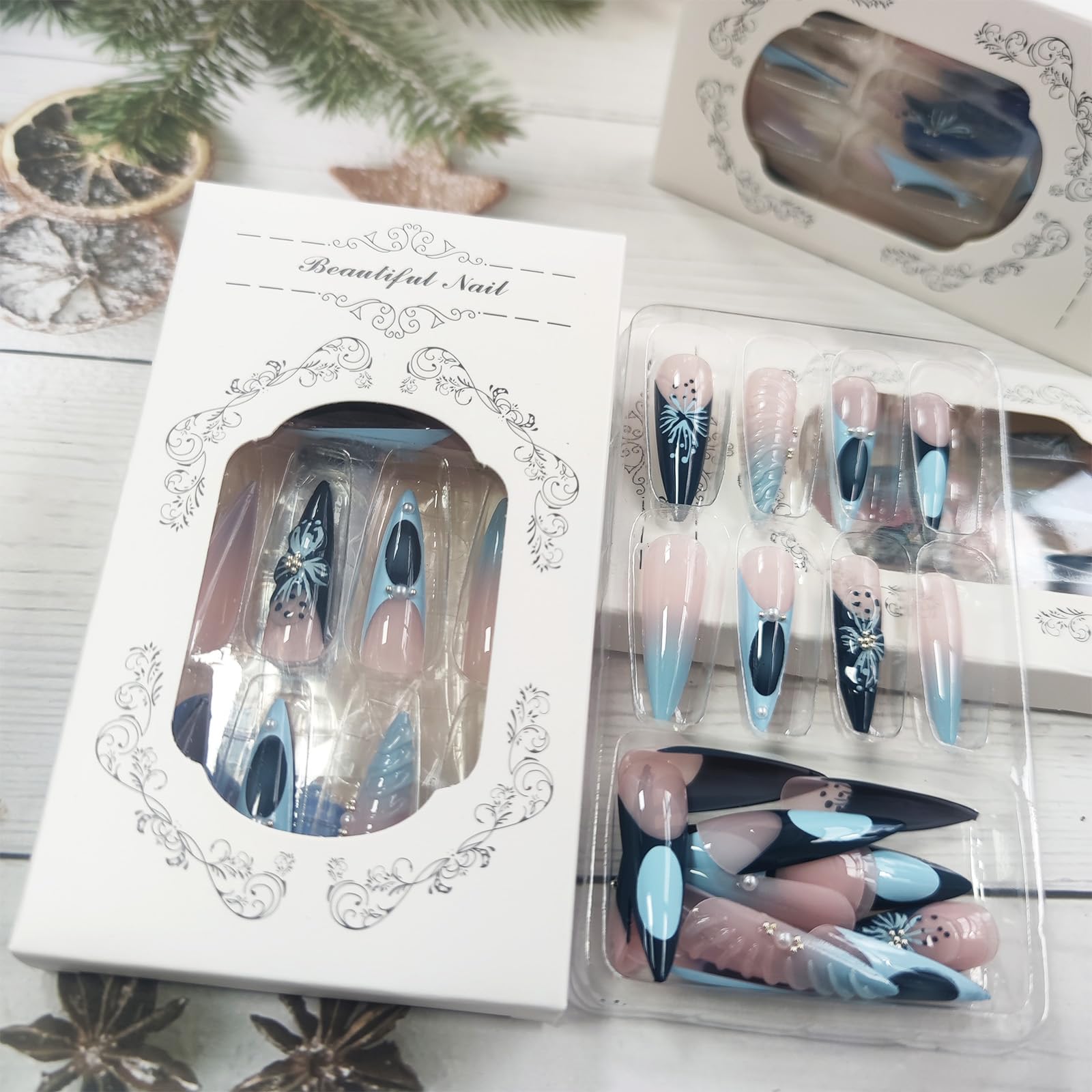 Blue French Tip Press on Nails - 24PCS 3D Floral Acrylic Fake Nails with Glossy Gradient & Pearl Accents | Long Stiletto Shape, Curve Line Design | Easy Glue-On False Nails for Women & Girls | Perfect for Parties, Weddings, and Special Occasions