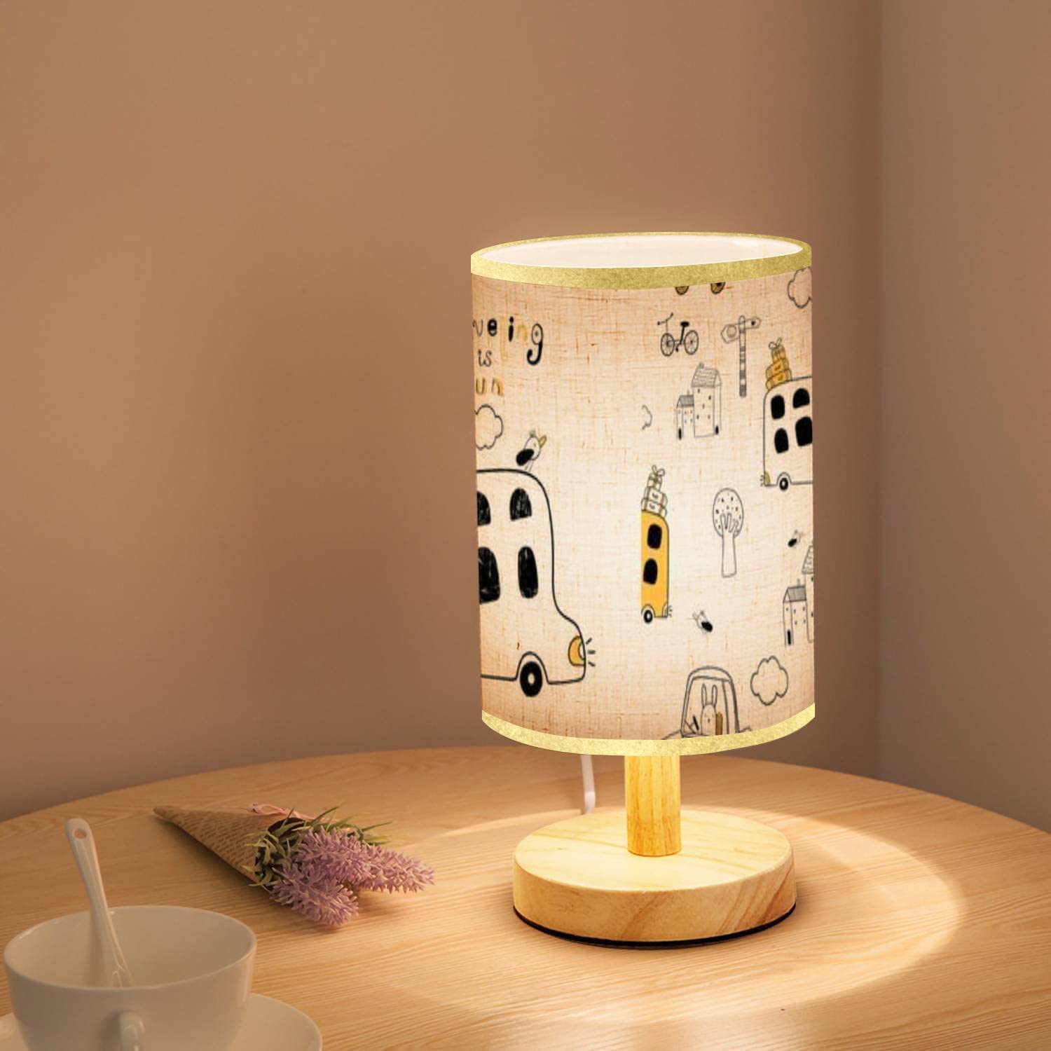 Minimalist Wooden Nightstand Lamp with Hand-Painted Cute Bus Design - Kids Bedside Table Light with Flaxen Fabric Shade for Bedroom, Living Room & Nursery - Perfect for Bedtime Reading and Cozy Ambiance