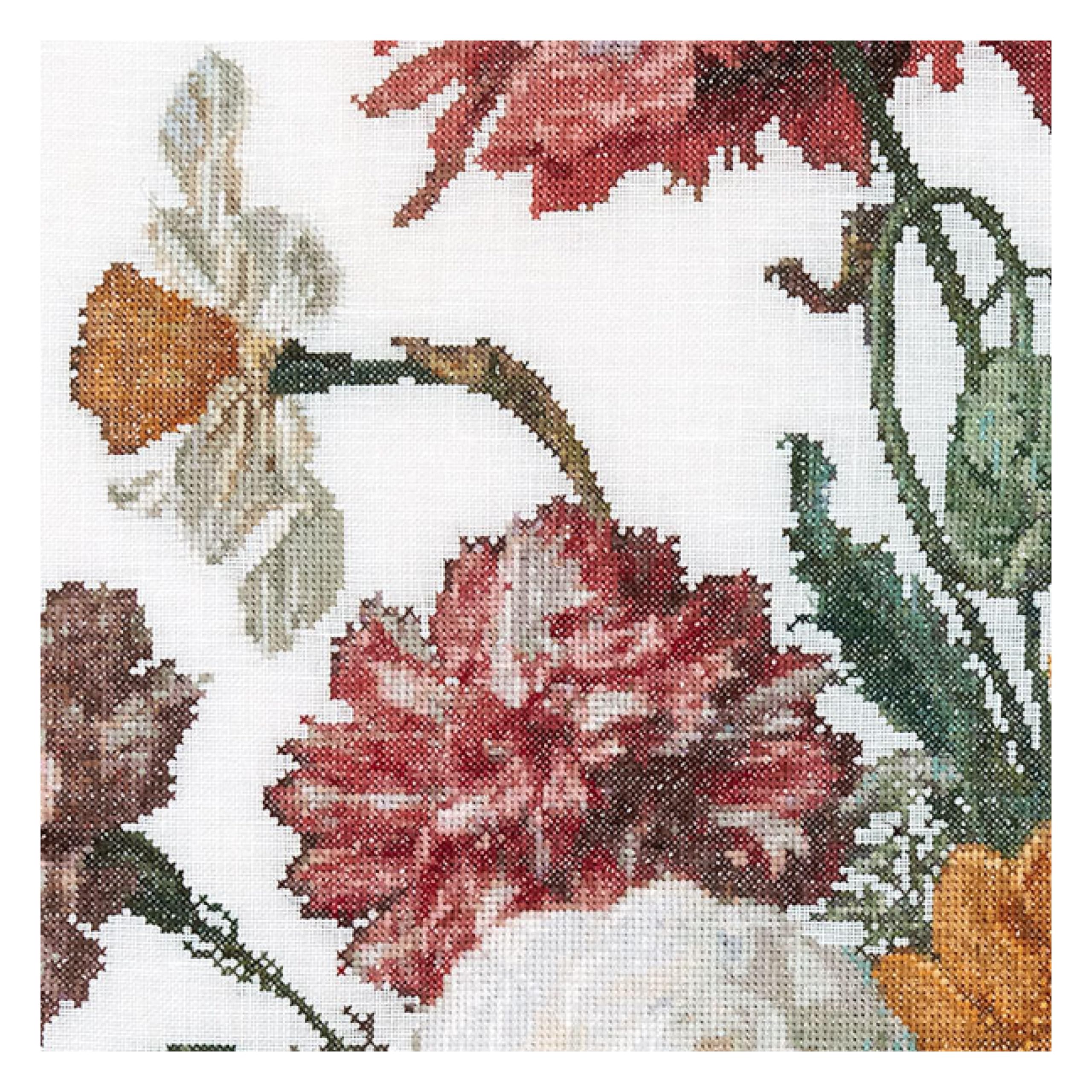 Thea Gouverneur Counted Cross Stitch Kit - Still Life with Flowers in Glass Vase, 36 Count Linen with DMC Embroidery Threads - Complete Adult Cross Stitch Supplies for Home Decor & Gift Giving