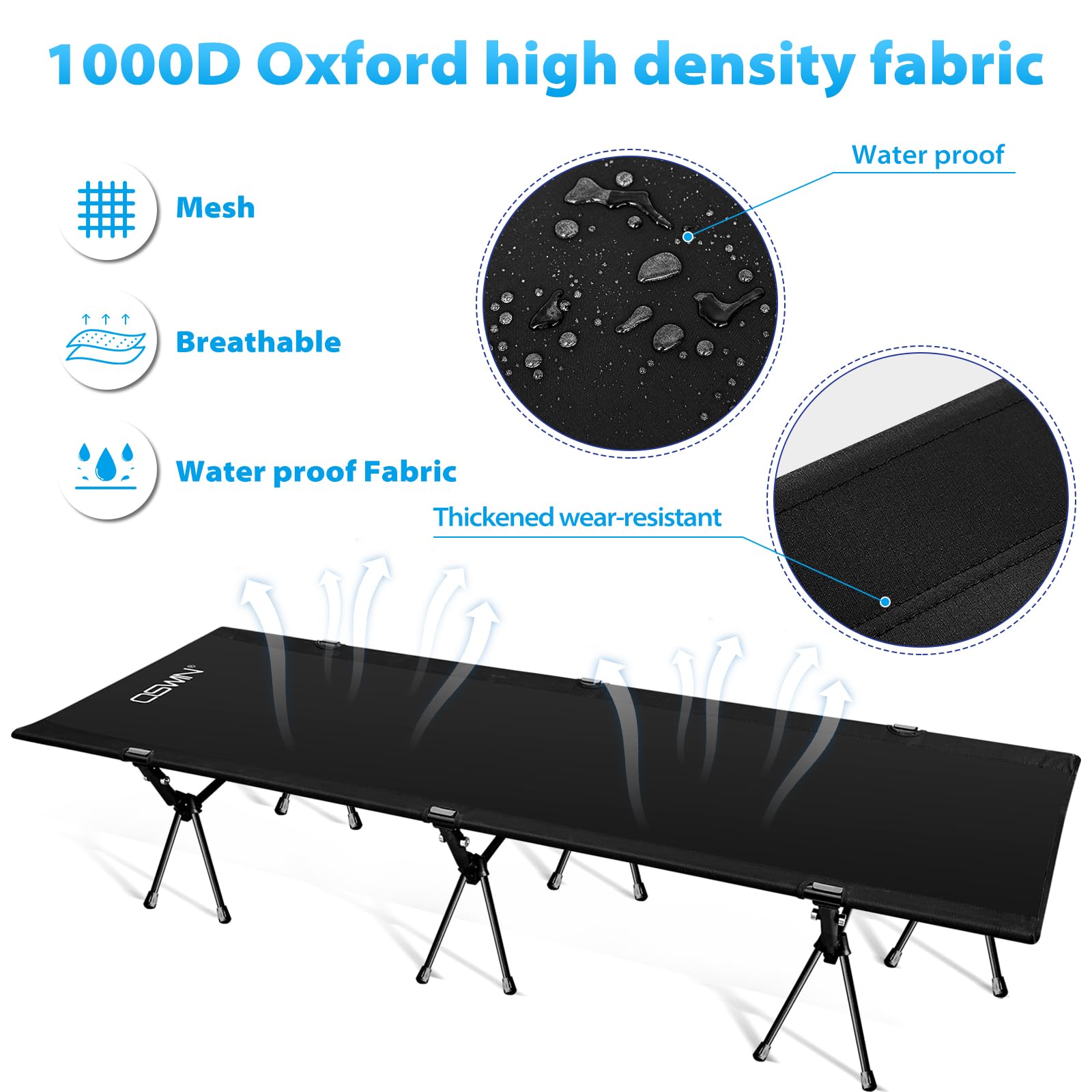 OSWIN Adult Backcountry Camping Cot with Leg Extension - Ultralight Folding Portable Bed for Outdoor, Hiking, RV & Beach - Supports 330lbs - Perfect for Camping, Backpacking & Travel (Black)