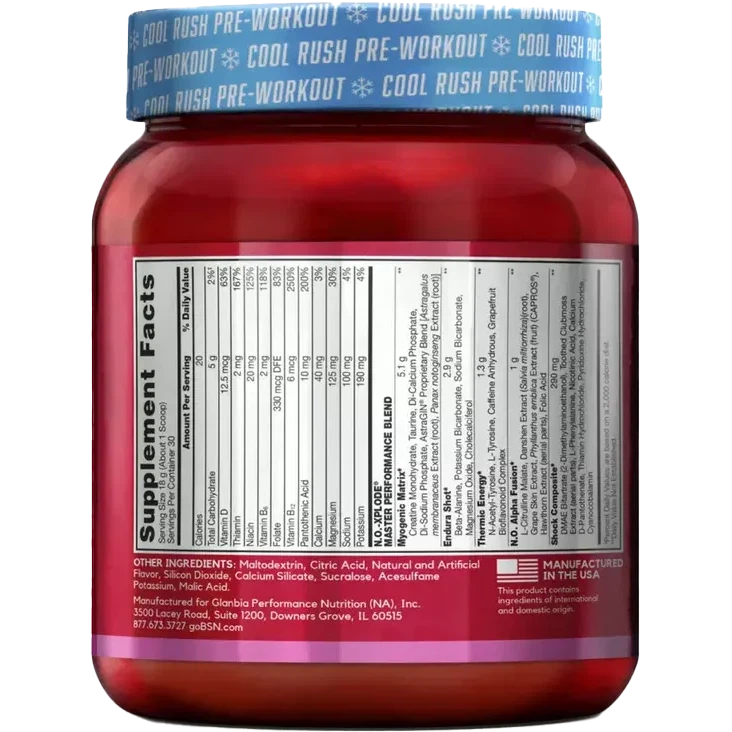 BSN N.O. Xplode Cool Rush Pre Workout Powder - Nitric Oxide Booster for Muscle Pump, Energy & Focus - Best for Gym, Bodybuilding & Fitness Training