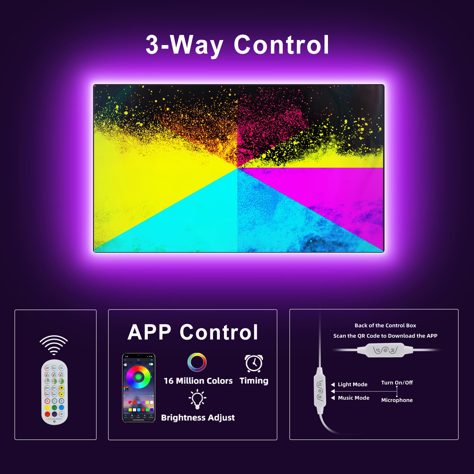 13.1 ft USB RGB Color Changing LED Strip Lights for 45-60 Inch TVs - Smart Bluetooth App & Remote Control with Music Sync | Perfect for TV Backlighting, Gaming Setup & Home Theater Ambience