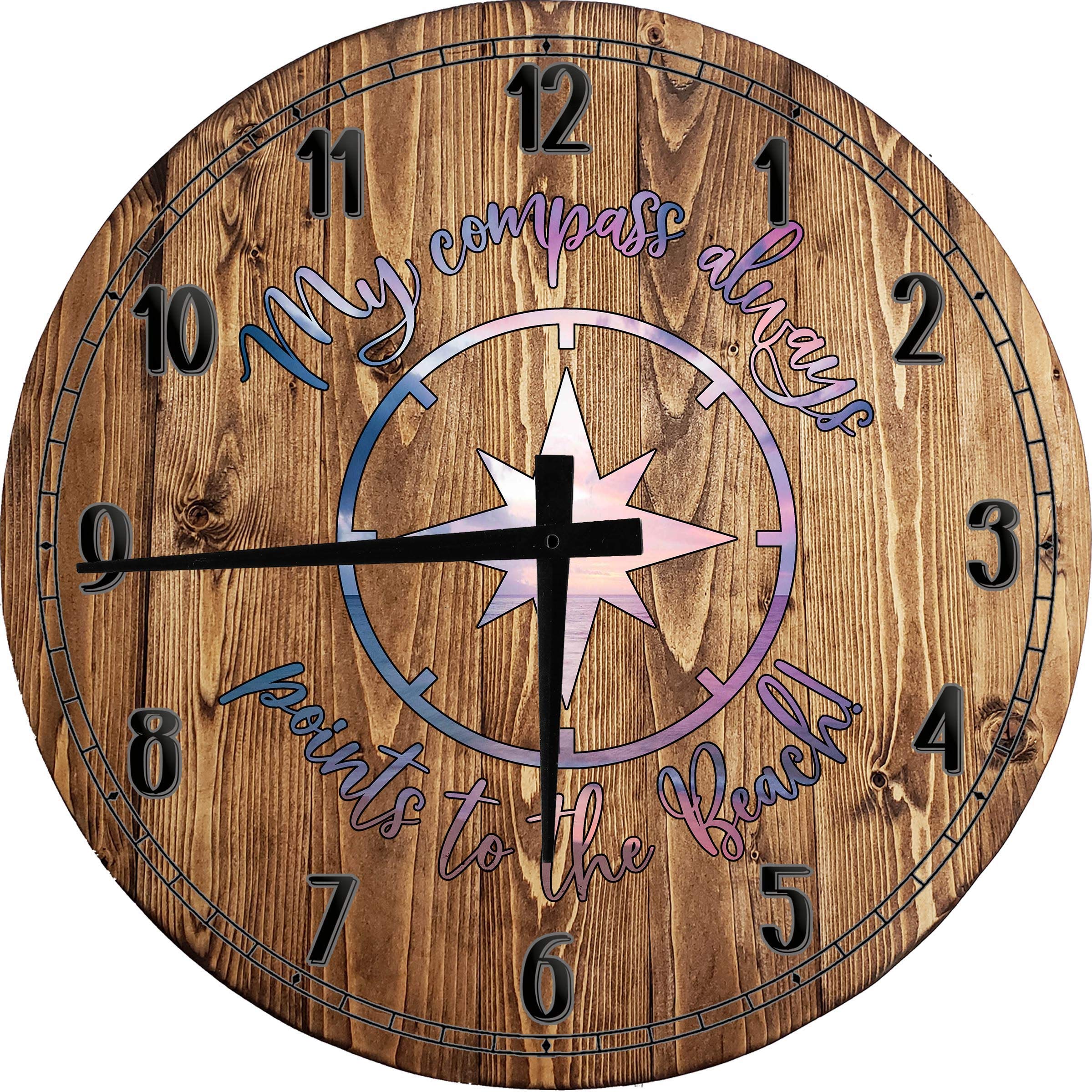 12 Inch Large Round Wood Wall Clock - Beach Sunset Ocean Decor, Brown Rustic Wall Art for Living Room, Bedroom & Office