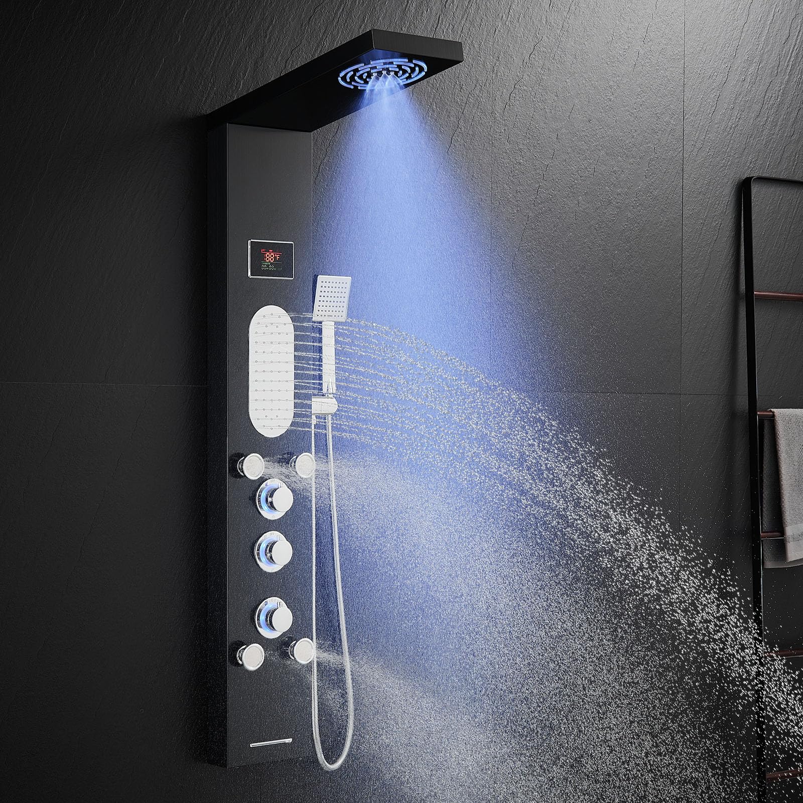 ROVATE LED Shower Panel Tower System - Hydroelectric LED Lights & Temperature Display, Black Shower Column with Rainfall & Mist Shower, 2 Body Jets, Handheld & Tub Spout | Perfect for Modern Bathroom Renovation & Spa-Like Shower Experience