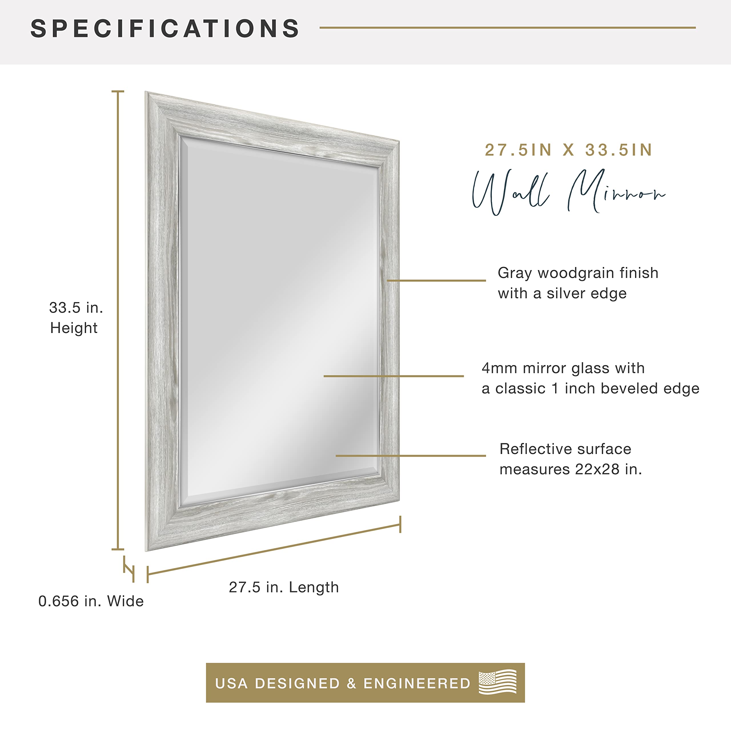 27.5x33.5 Inch Large Wall Mirror with White Woodgrain Frame & Beveled Edge - Full Length Vertical/Horizontal Hanging Mirror for Bathroom, Bedroom, Living Room Decor & Vanity Dressing