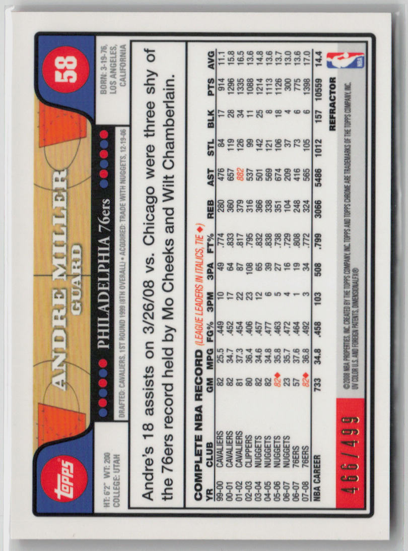 2008 Topps Chrome Andre Miller Orange Refractor Basketball Card #58/499 - Rare Collectible for NBA Fans & Sports Memorabilia Enthusiasts - Perfect for Display, Trading, and Investment