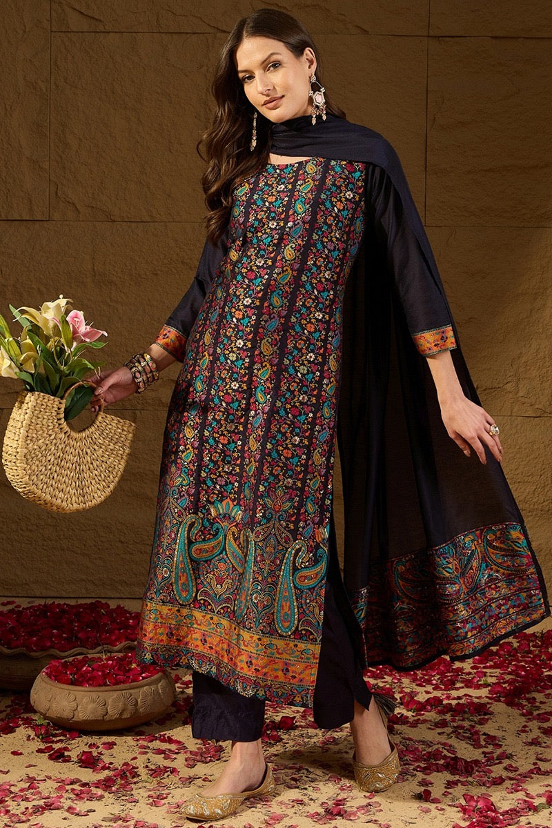 Elegant Navy Blue Chanderi Silk Kurta Set for Women - Traditional Indian Ethnic Wear for Festivals, Weddings & Special Occasions