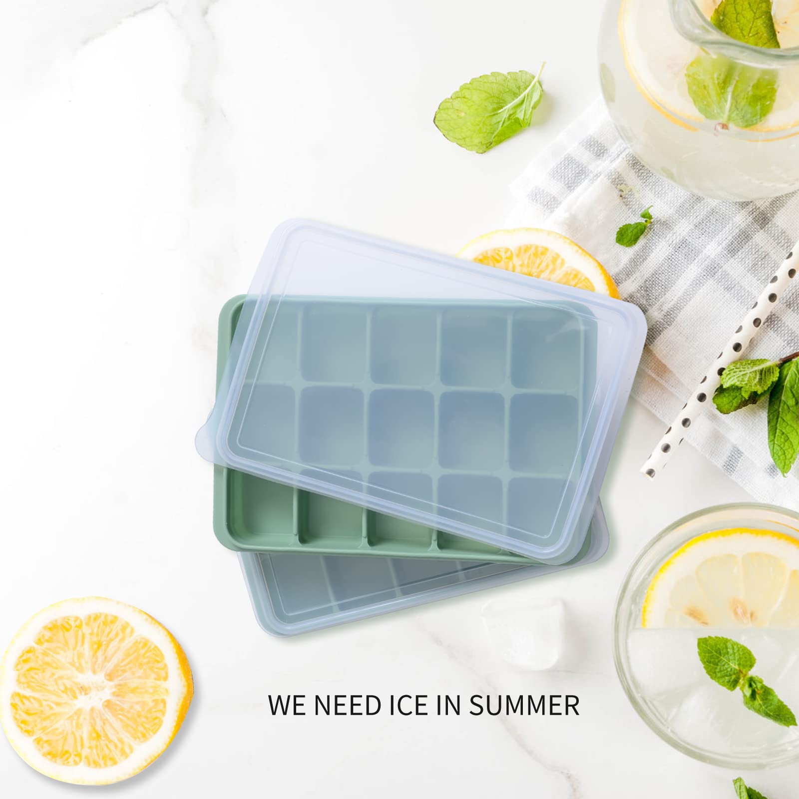 Premium Silicone Ice Cube Trays Set of 2 - BPA Free, Flexible & Easy Release with Removable Lids - Reusable Freezer Ice Molds for Whiskey, Cocktails, Baby Food & Beverages - Stackable Design for Space Saving (Bamboo Green) - Perfect for Home Bars, Parties & Daily Kitchen Use
