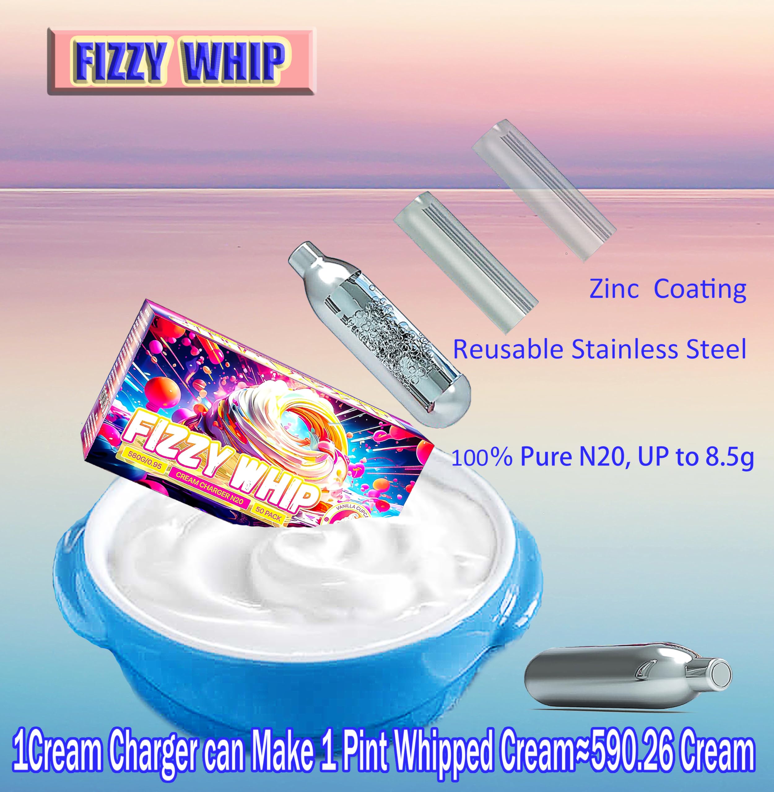 Premium Stainless Steel Whipped Cream Charger Cartridges - Compatible with Cream Whippers for Delicious Desserts, Coffee Toppings & Cocktail Garnishes