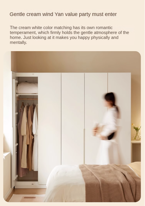 Modern Nordic Style Solid Wood Wardrobe - Beech & Rubber Wood, Cream Finish - Perfect for Bedroom, Living Room, and Office Storage