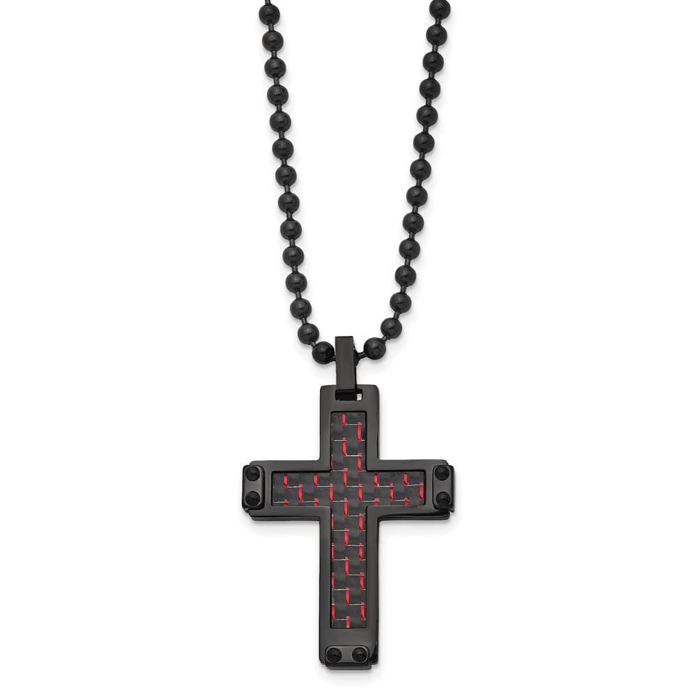Black Plated Stainless Steel Cross Necklace with Carbon Fiber Accent - 22 Inch Chain, Blk/Red | Perfect for Gifts, Religious Jewelry & Everyday Wear