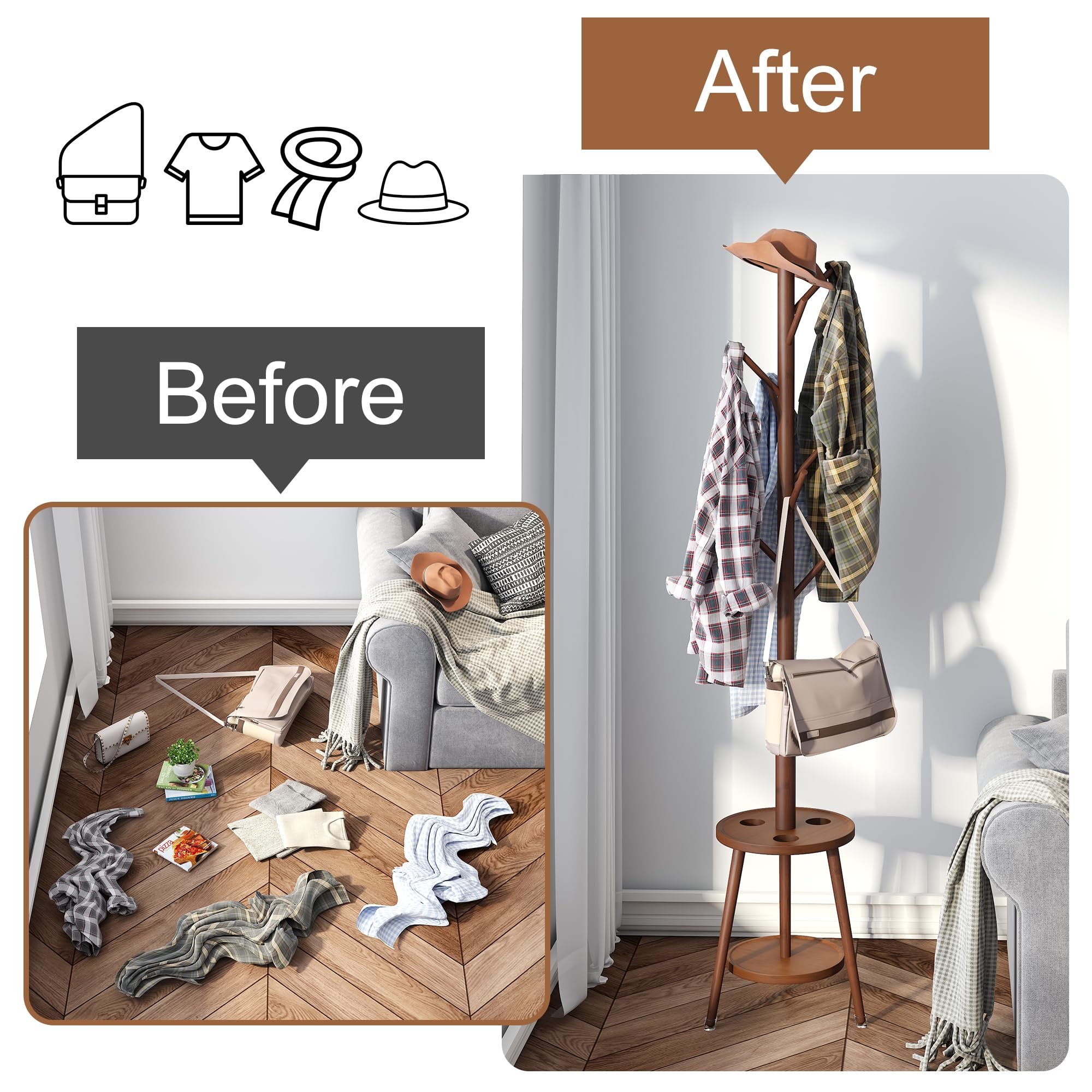 Freestanding Bamboo Coat Rack with 8 Hooks & Umbrella Tray - Space Saving Entryway Organizer for Coats, Bags, Hats & Accessories - Perfect for Hallway, Bedroom or Office Storage (Brown)