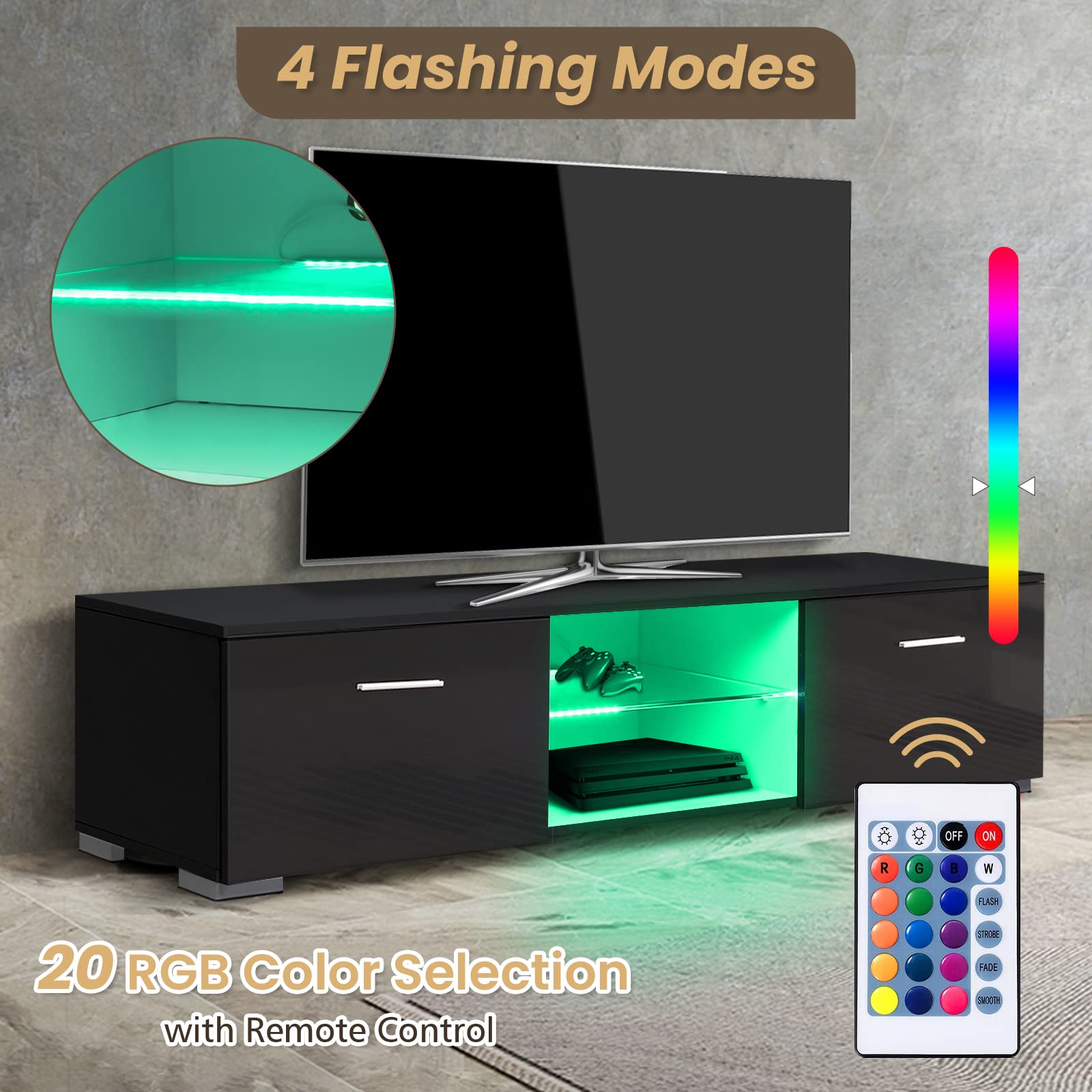 Modern LED TV Stand for 65 Inch TVs - Black Entertainment Center with Storage, Glass Shelves & 2 Drawers - High Gloss TV Cabinet with LED Lights for Living Room, Bedroom & Home Theater Setup