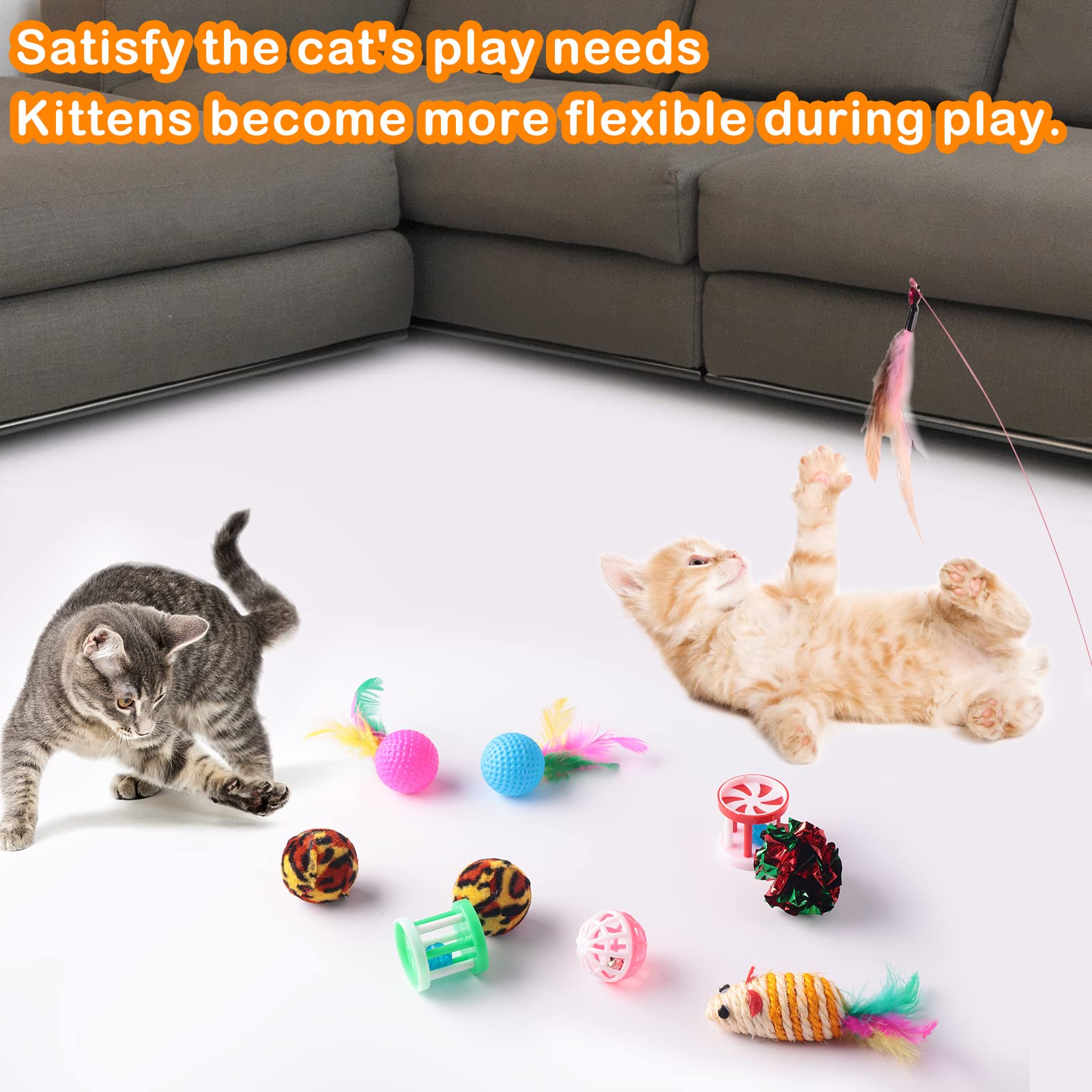 Wettarn 22-Piece Cat Toys Set with 2 Collapsible Tunnels & 20 Interactive Kitten Toys - Feather Mice, Crinkle Balls, Tubes for Indoor Cats & Puppies (Colorful) - Perfect for Playtime, Exercise & Bonding