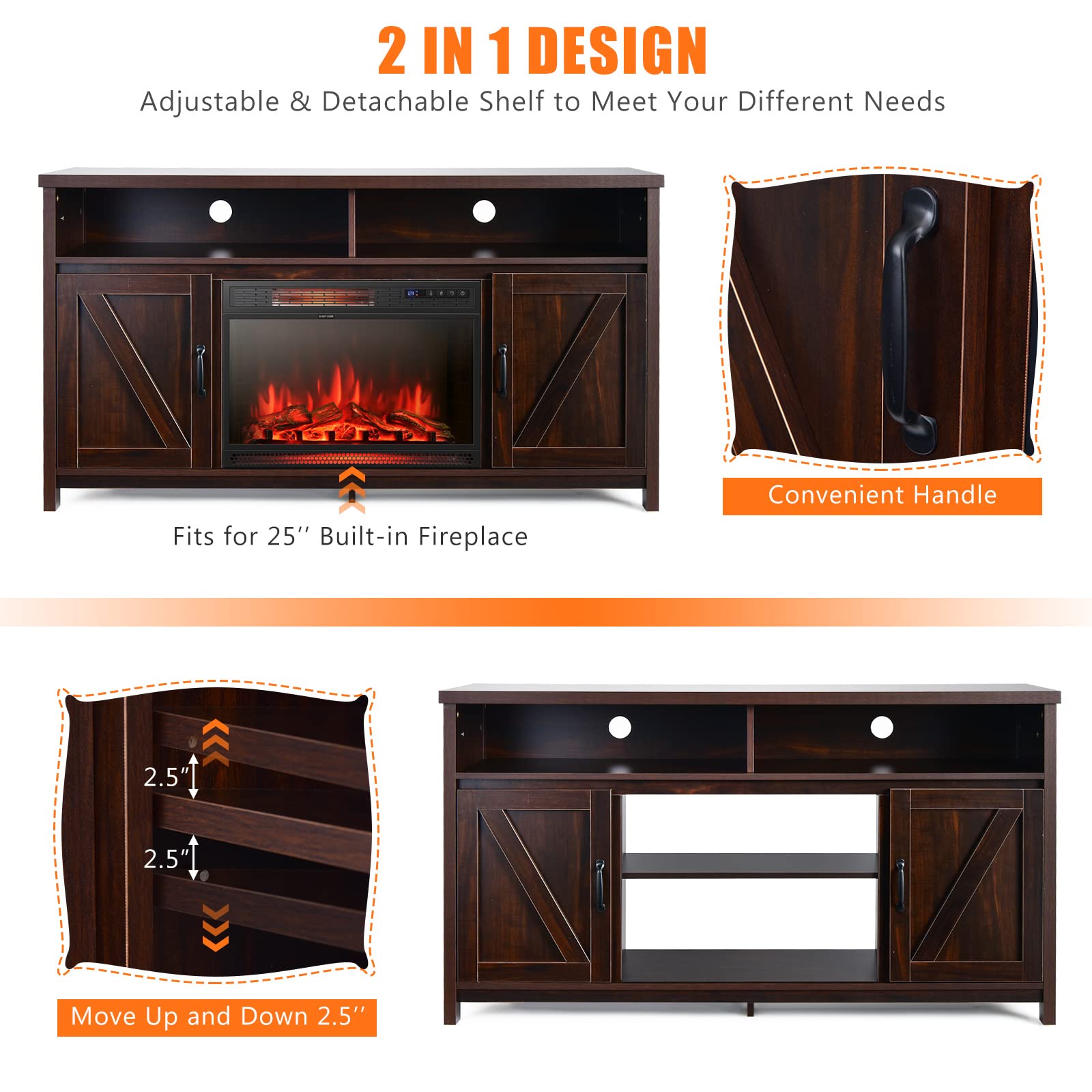 Tangkula 65 Inch Electric Fireplace TV Stand with 25