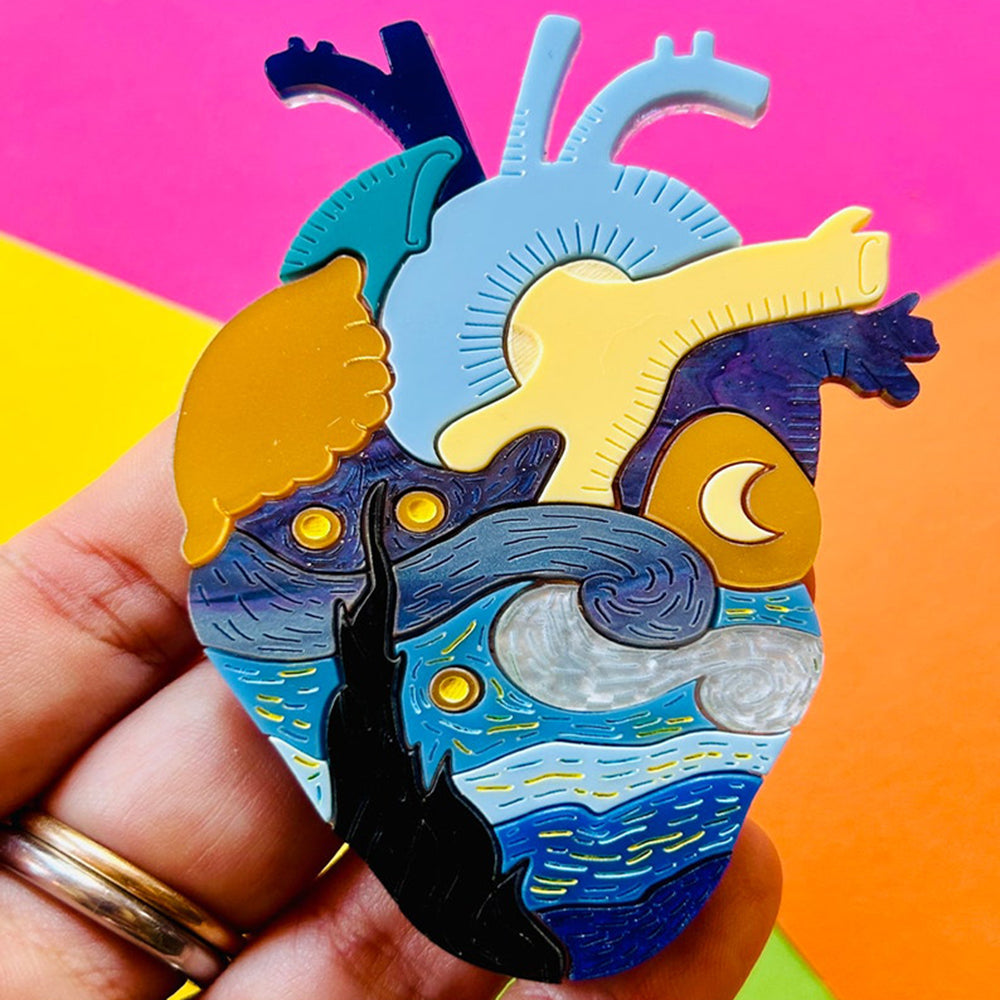 Vincent Van Gogh Starry Night Acrylic Brooch - Anatomical Hearts Collection by Makokot Design - Unique Art Jewelry for Art Lovers, Gift for Artists & Van Gogh Fans