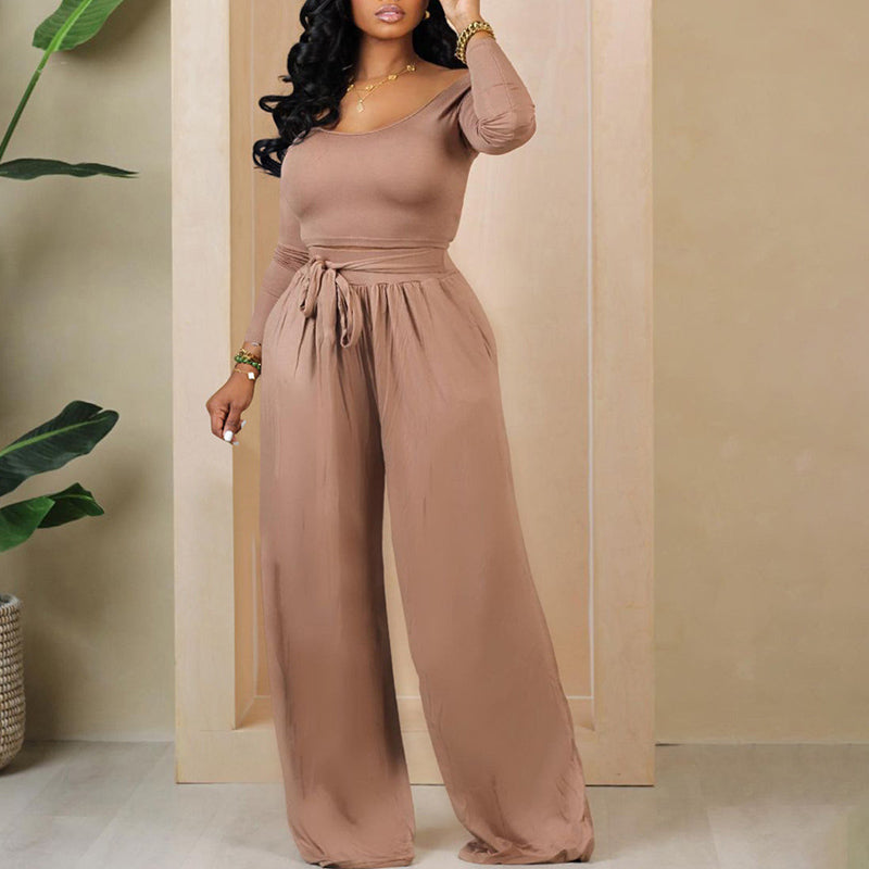 Solid Color Knit Lace-Up Wide Leg Jumpsuit for Women | Comfortable Stretchy Casual Romper | Perfect for Office, Date Night & Weekend Outings