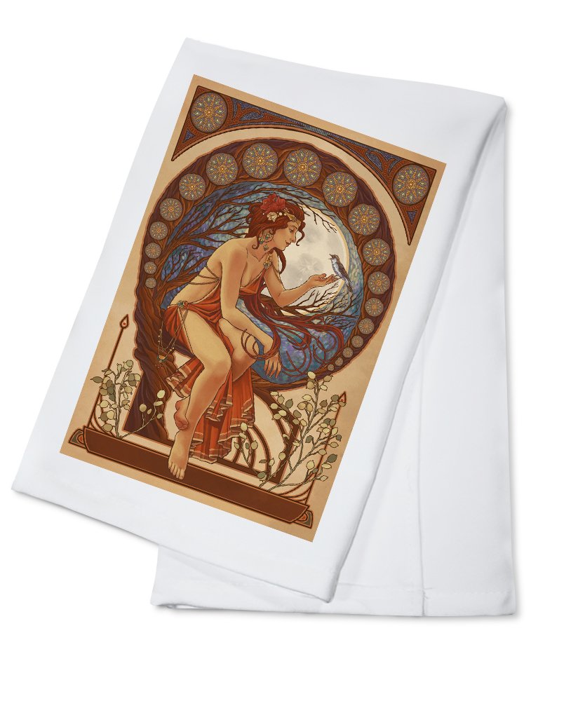 Art Nouveau Woman and Bird Printed 100% Cotton Tea Towel - Decorative Kitchen Hand Towel for Dish Drying, Home Decor & Gift Idea