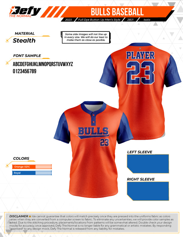 Orange 2-Button Full Dye Men's Baseball Jersey - Bulls Team Jersey for Baseball Games & Fan Apparel - Perfect for MLB Games, Tailgating & Sports Events