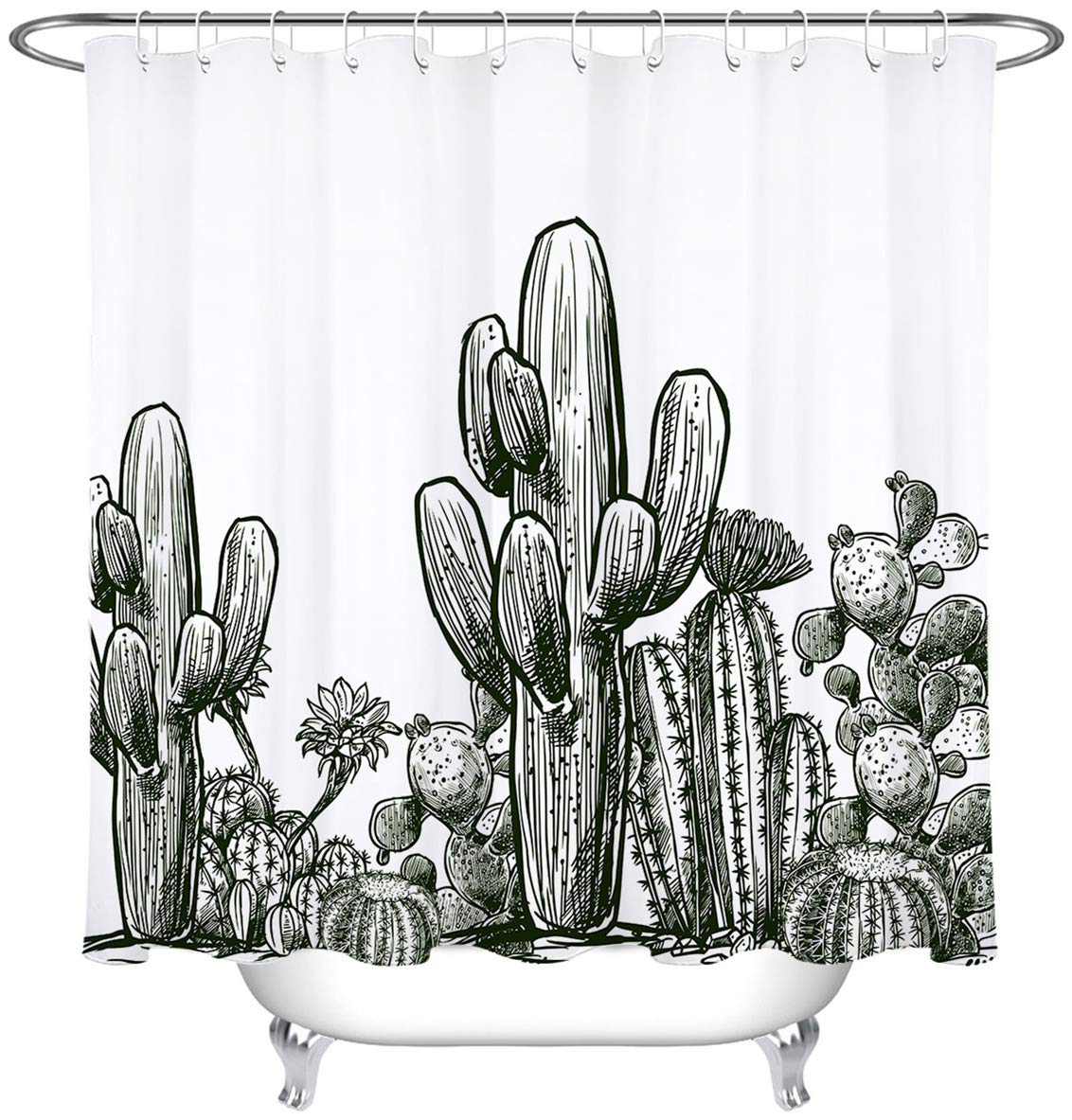 Vintage Black and White Cactus Shower Curtain - Desert Prickly Plant Succulent Saguaro Bathroom Decor, 60